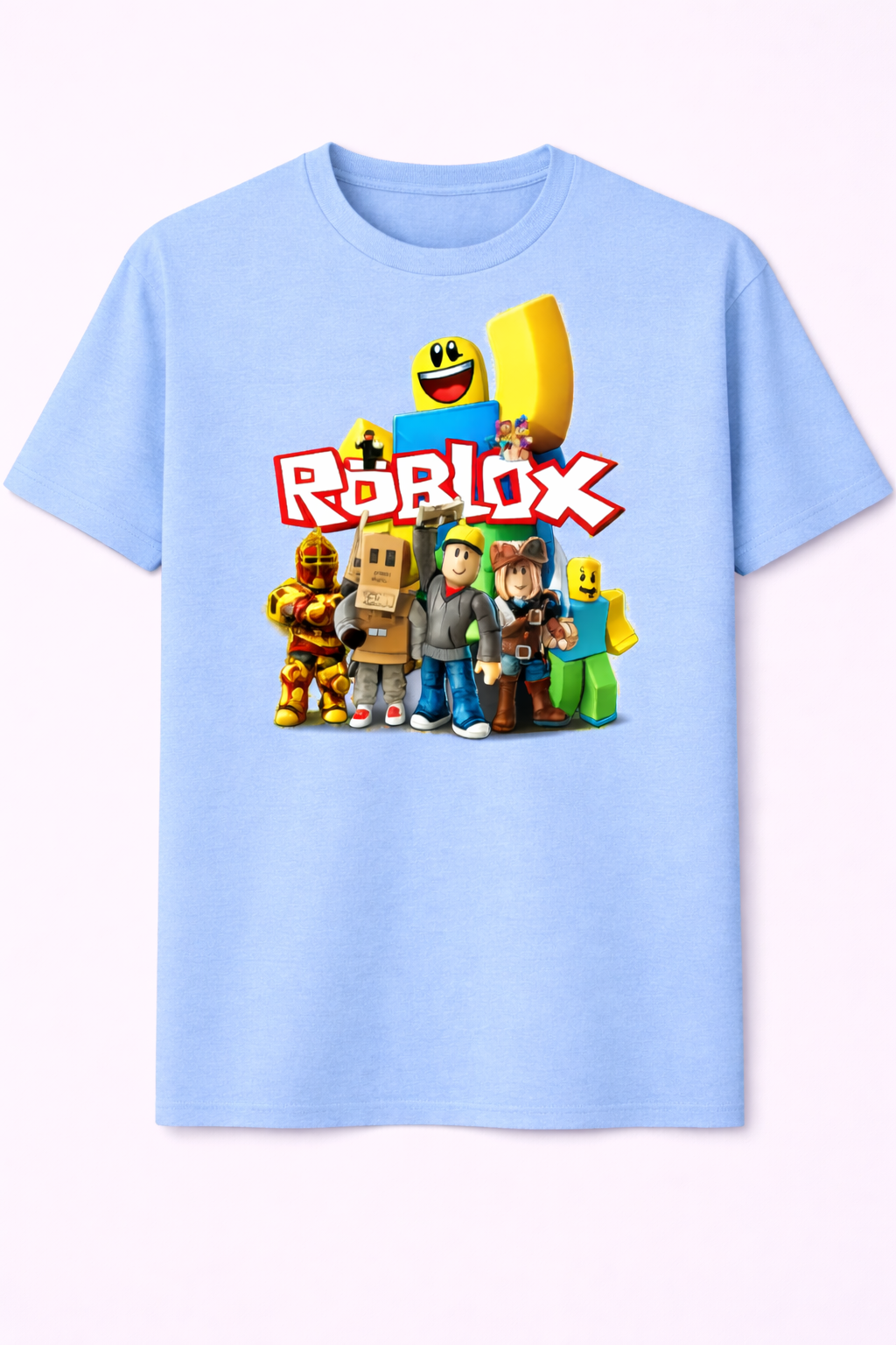 Light blue t-shirt with Roblox characters and logo on a white background