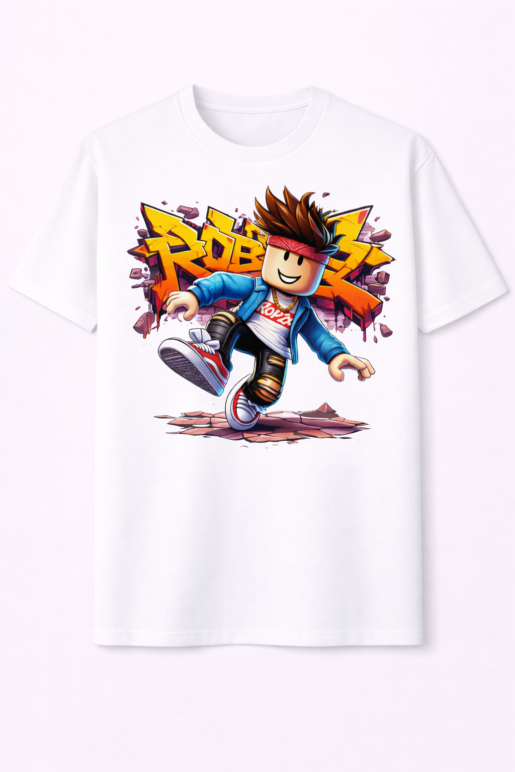White t-shirt with a colorful graphic of a character from a popular video game on a white background