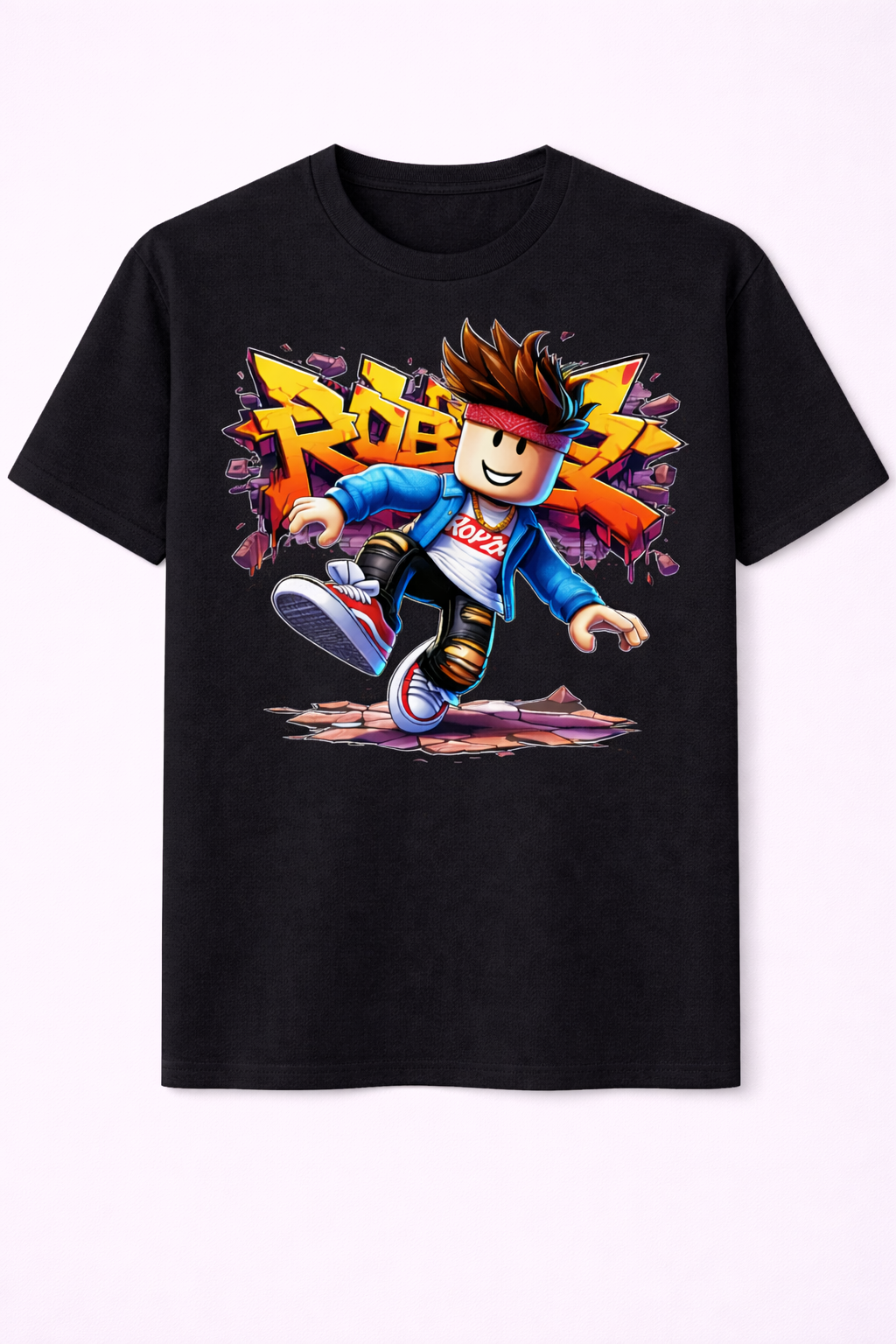 Black t-shirt with a colorful graphic of a character on a white background