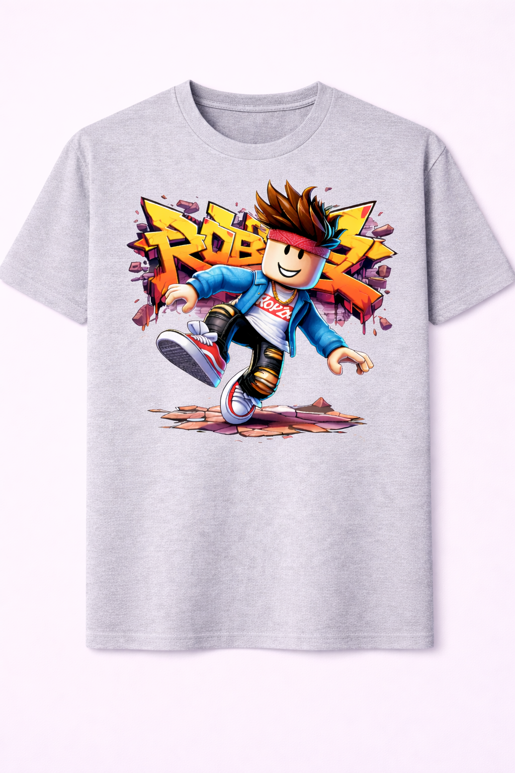 Gray t-shirt with a colorful graphic of a character on a white background