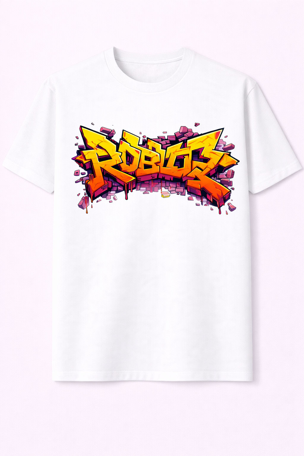 White t-shirt with colorful 'Rubble' graphic design on a white background
