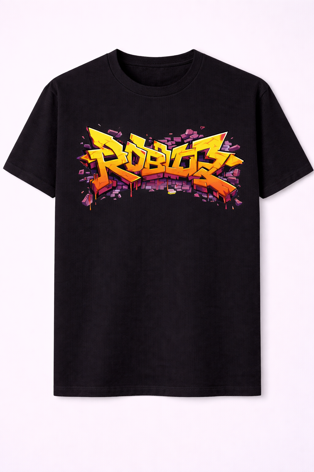 Black t-shirt with colorful 'Robo2' graphic design on a white background