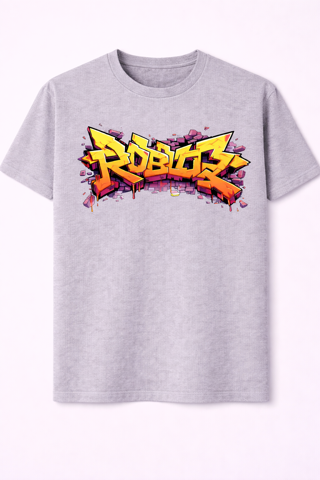 Gray t-shirt with colorful 'Rubio' graphic design on a white background