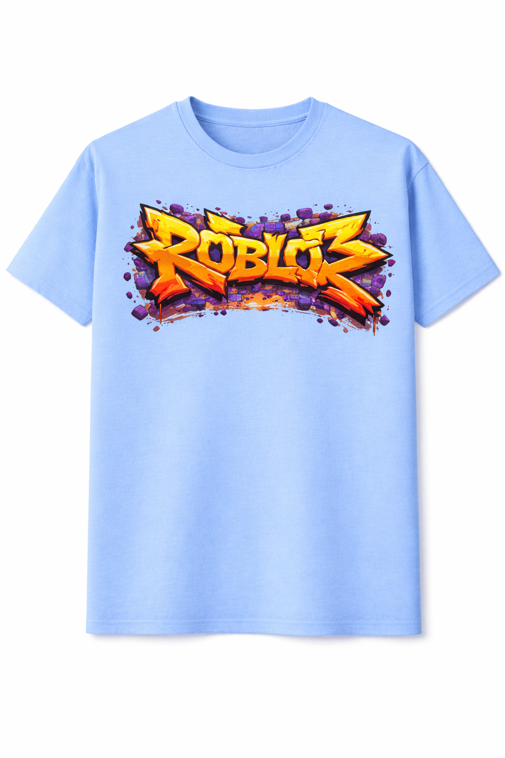 Light blue t-shirt with colorful 'Roblox' logo on a white background