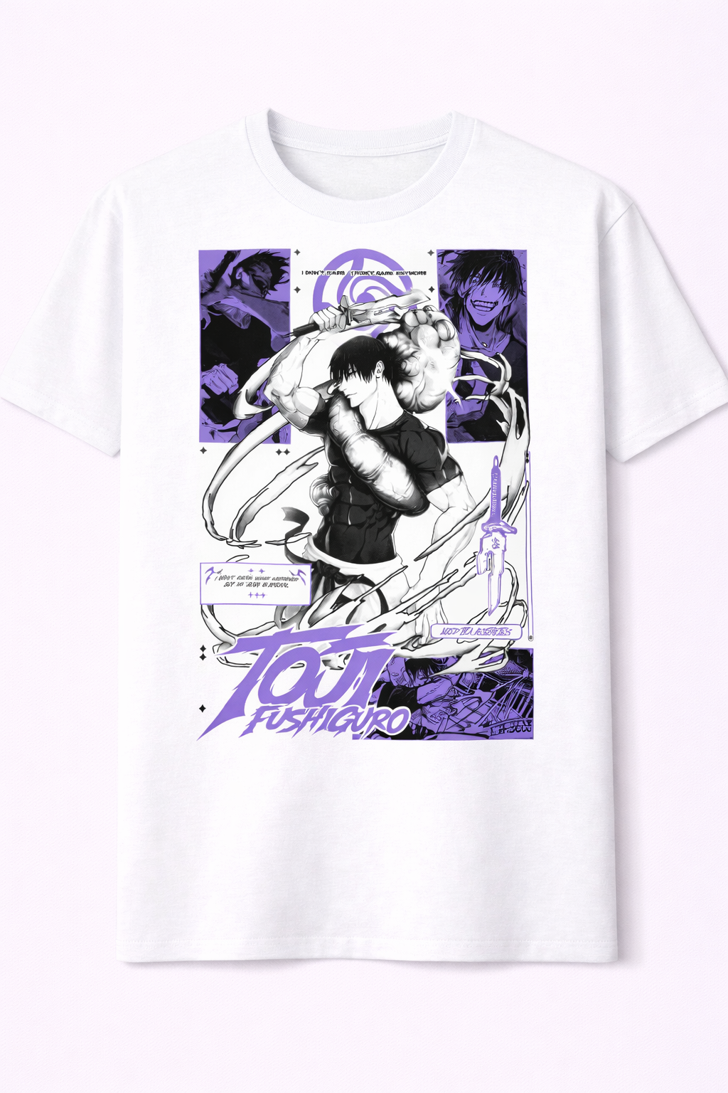 White t-shirt with 'JoJo's Bizarre Adventure' graphic design on a white background