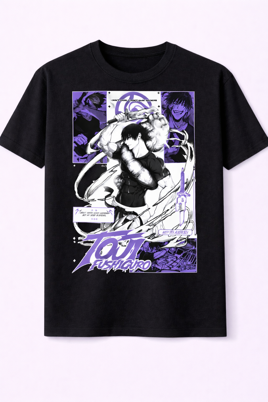 Black t-shirt with graphic design and text on a white background