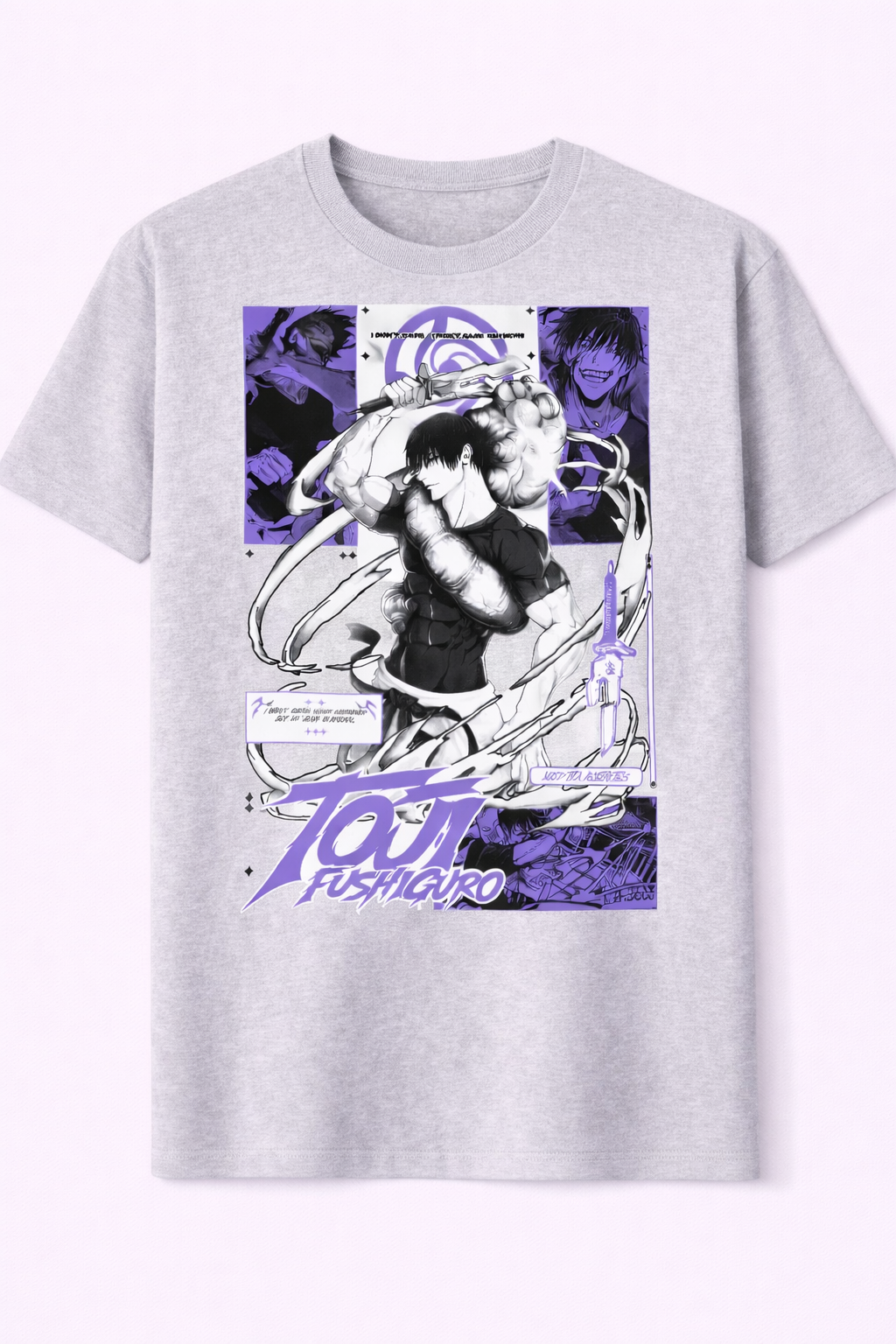 Gray t-shirt with anime character graphic and text on a white background