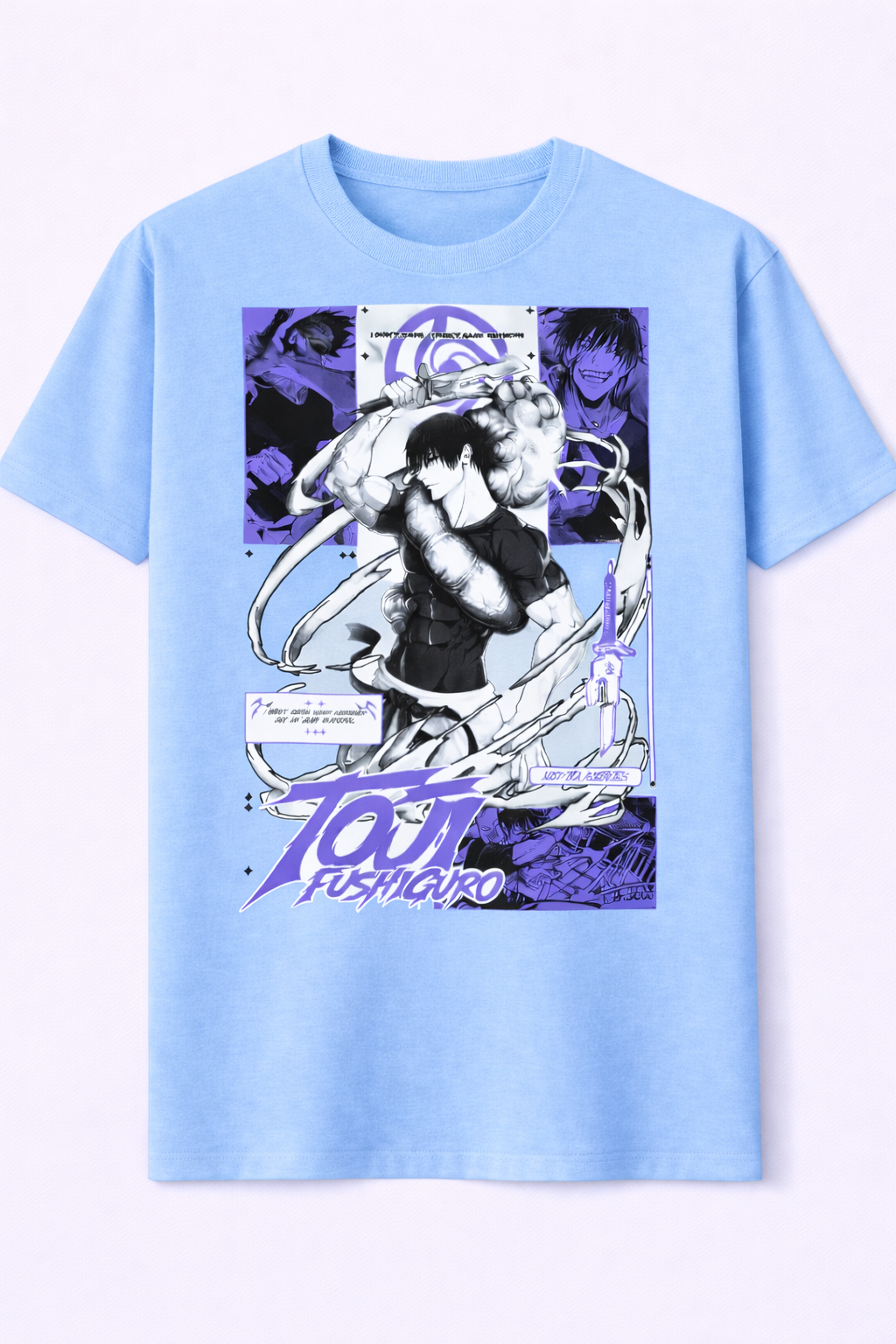 Light blue t-shirt with graphic design and text on a white background