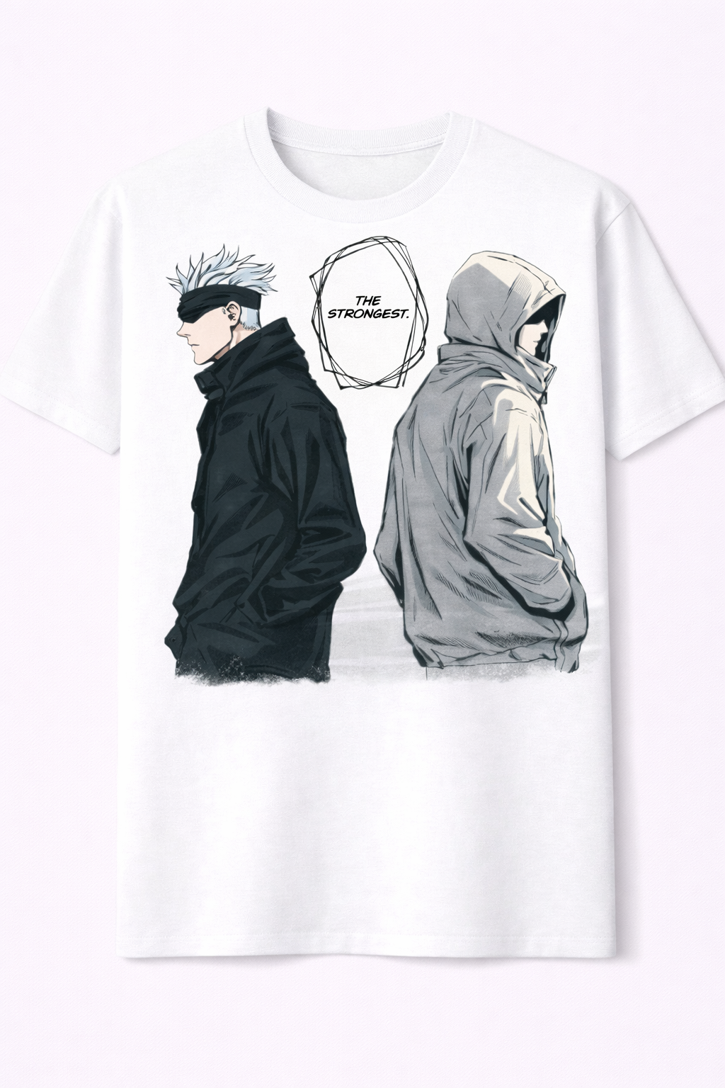 White t-shirt with graphic of two hooded figures and text on a white background
