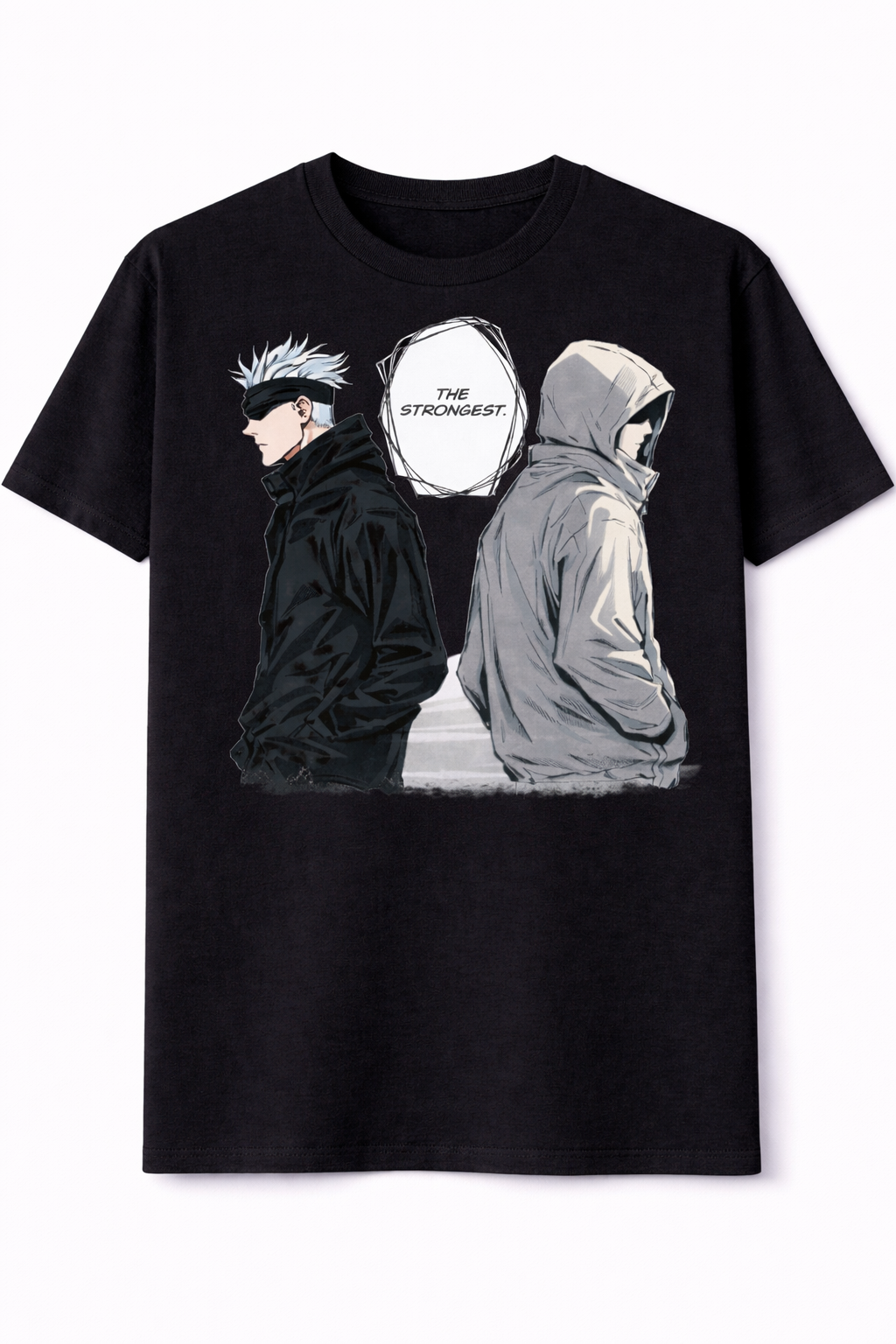 Black t-shirt with graphic design of two hooded figures and a stone inscription on a white background