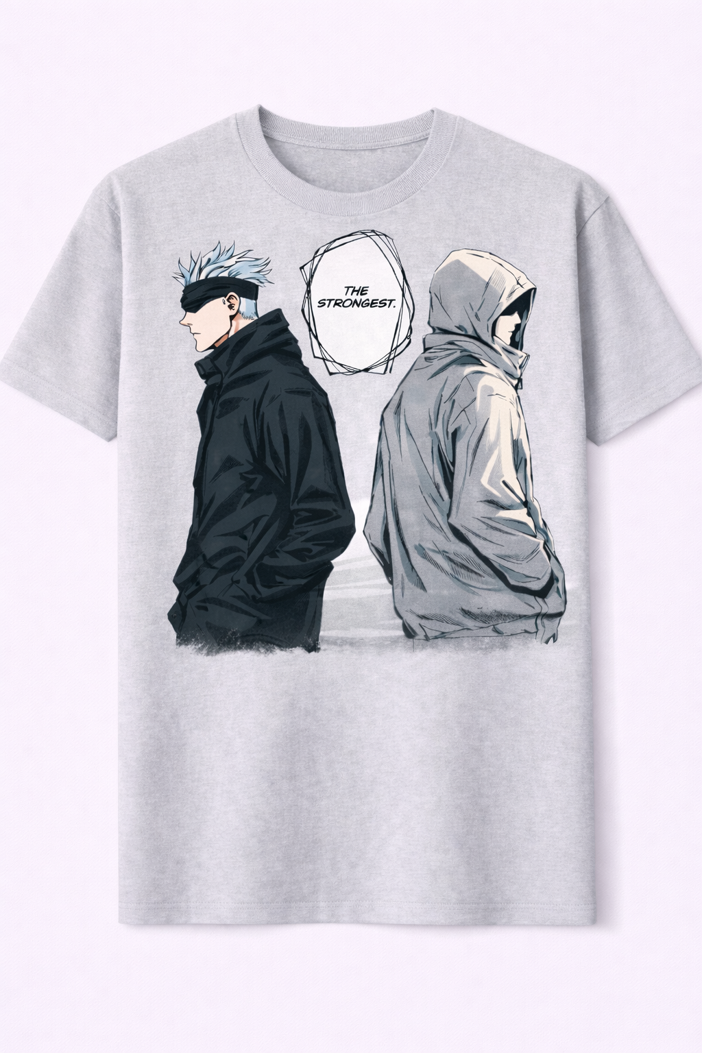 Gray t-shirt with graphic design of two hooded figures and text on a white background