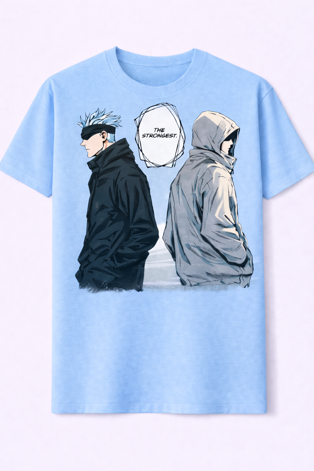 Light blue t-shirt with graphic of two hooded figures and a skull on a white background