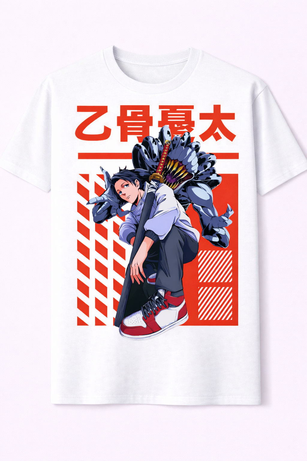 T-shirt with an anime character and red text on a white background
