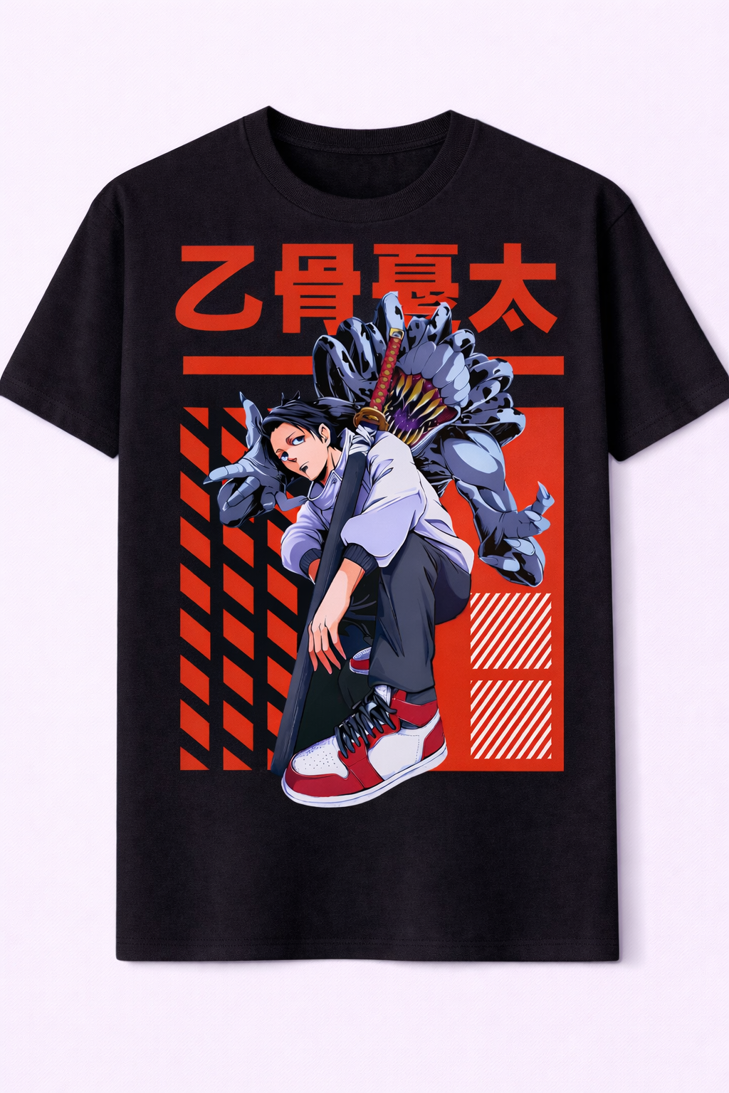 Black t-shirt with an anime-style graphic of a character and a dragon on a red and orange geometric background.