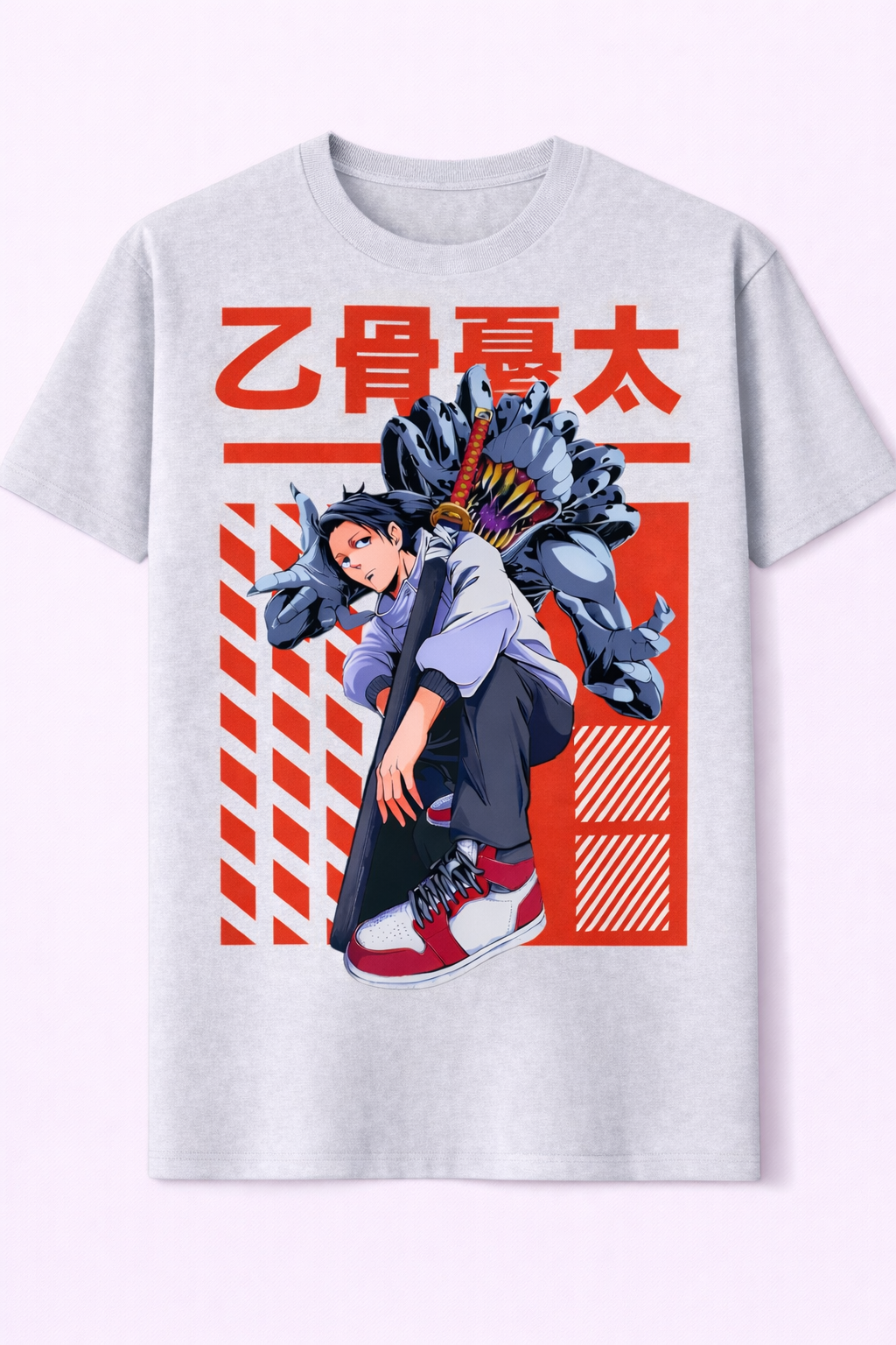 T-shirt with an anime character and red text on a light gray background