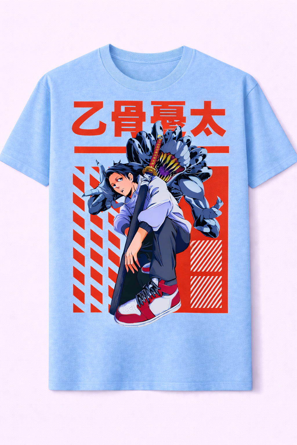 Light blue t-shirt with an anime character and red text on a white background