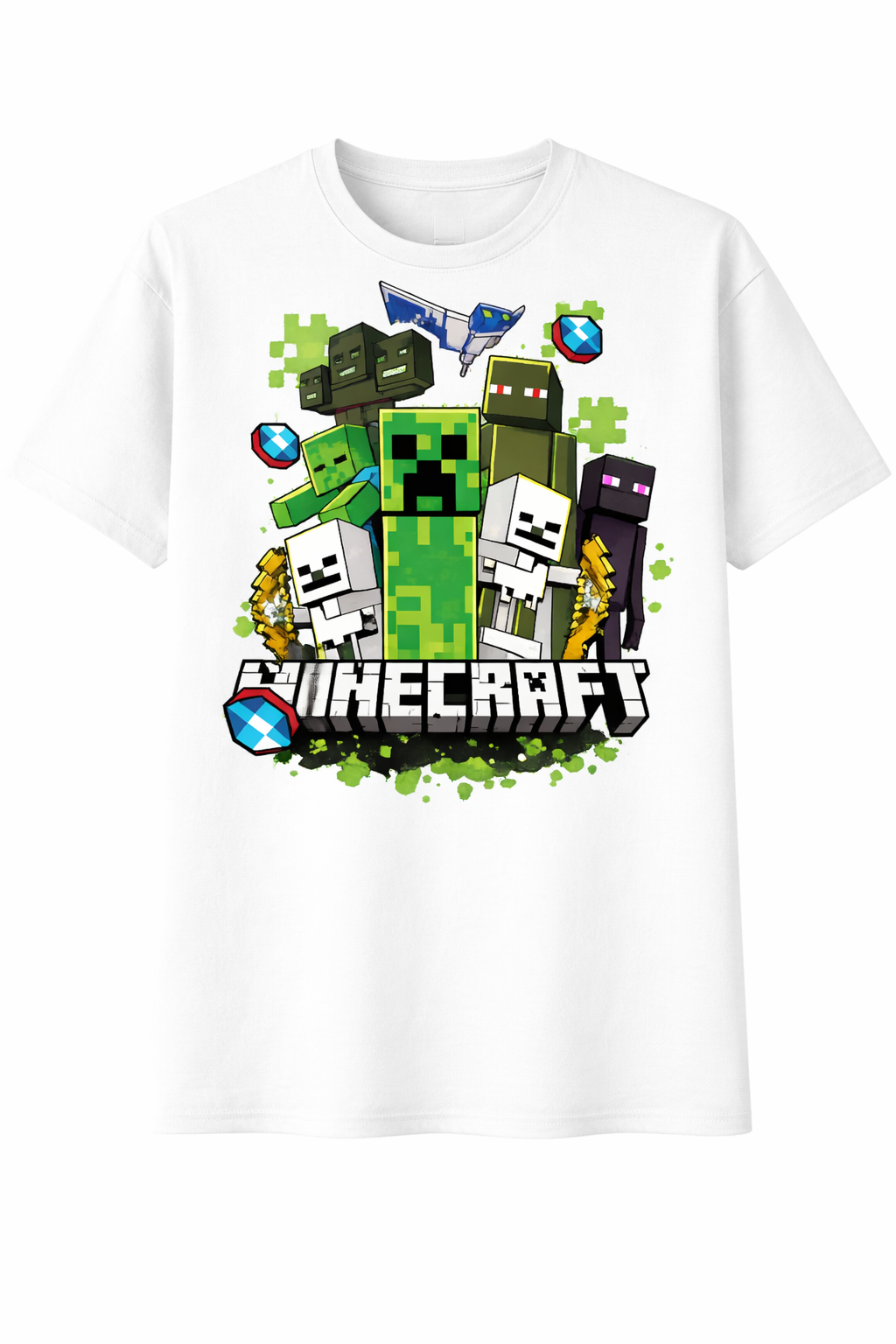 White t-shirt with Minecraft character graphics on a white background
