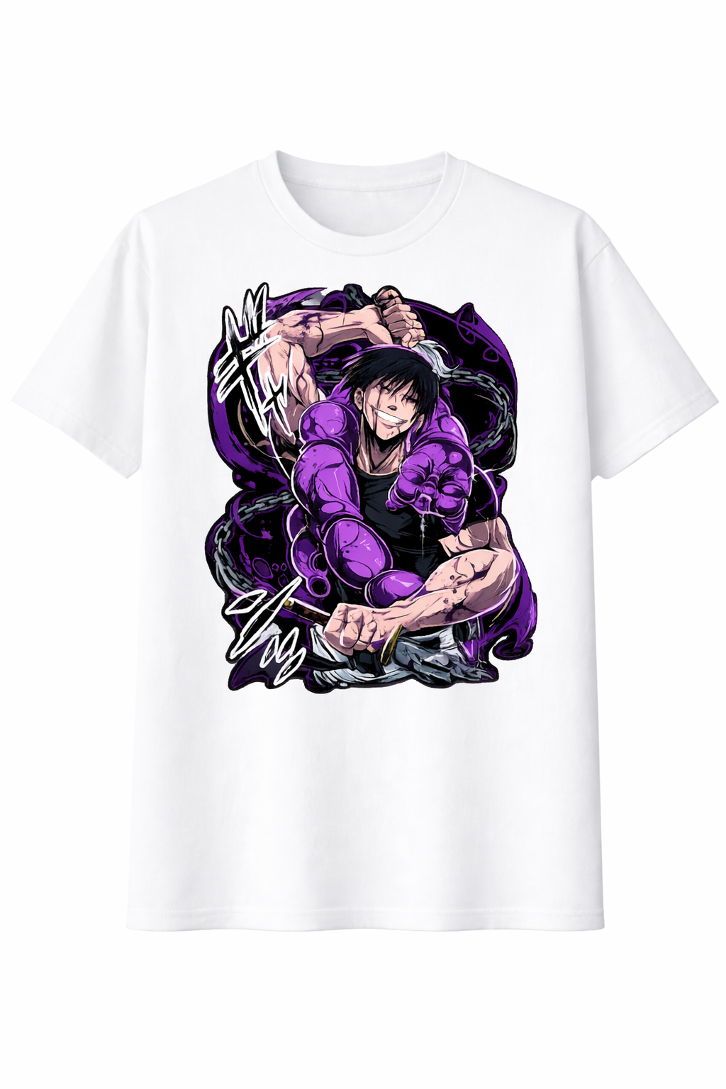 White t-shirt with a graphic design of a character in a purple outfit on a white background
