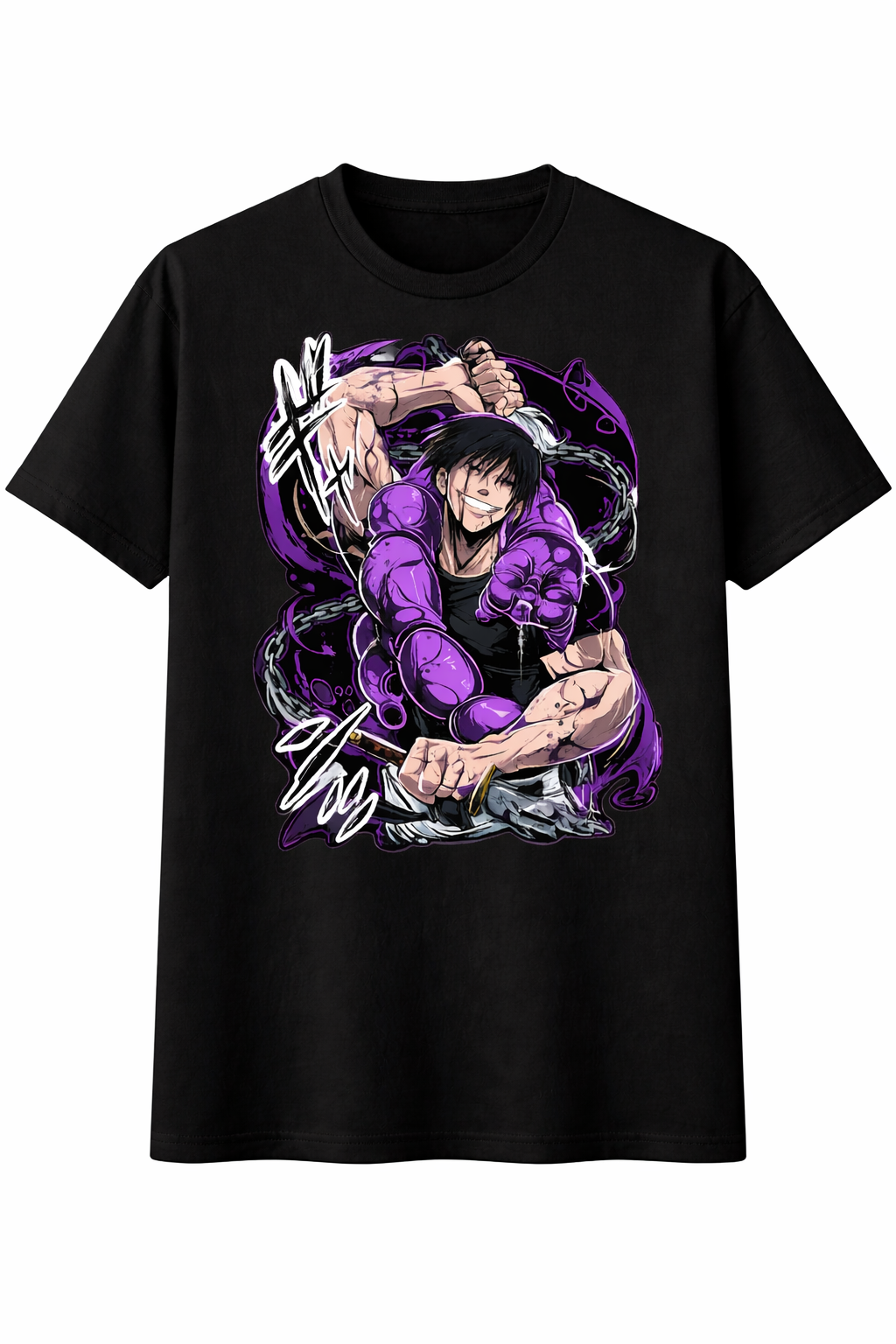 Black t-shirt with a graphic design of a character in purple and white on a white background