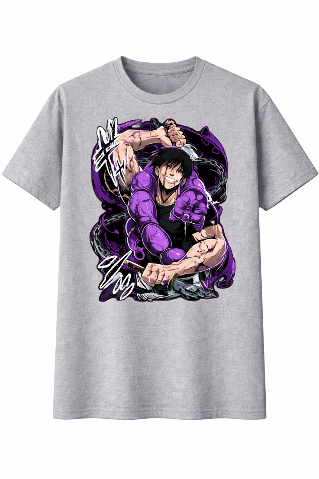Gray t-shirt with a graphic of a character in a purple outfit on a white background