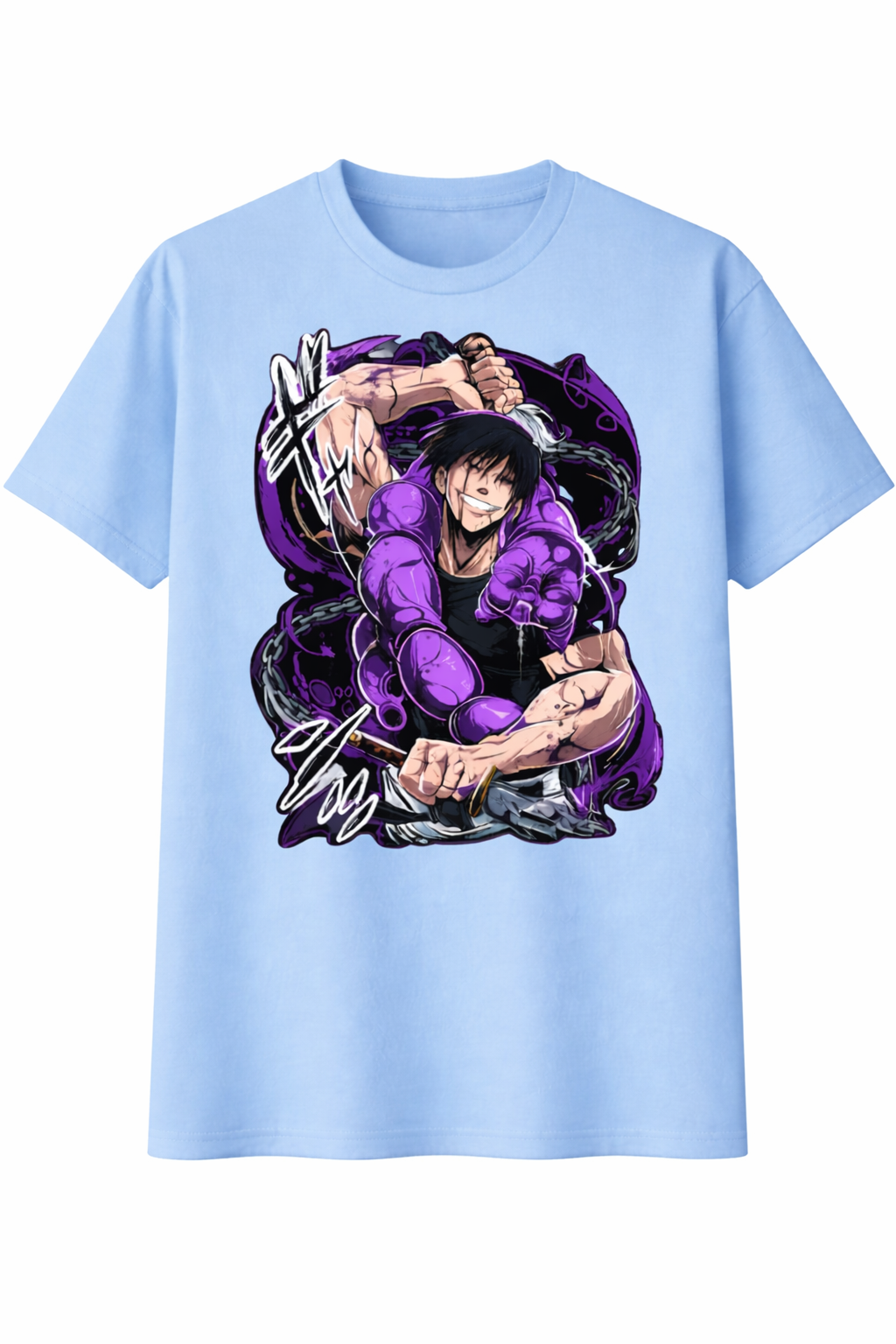Light blue t-shirt with a graphic of a character in purple and black on a white background