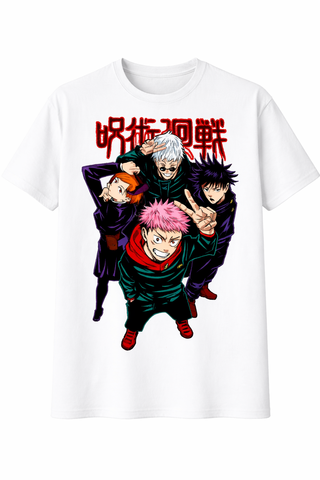 White t-shirt with anime-style graphic and red text on a white background