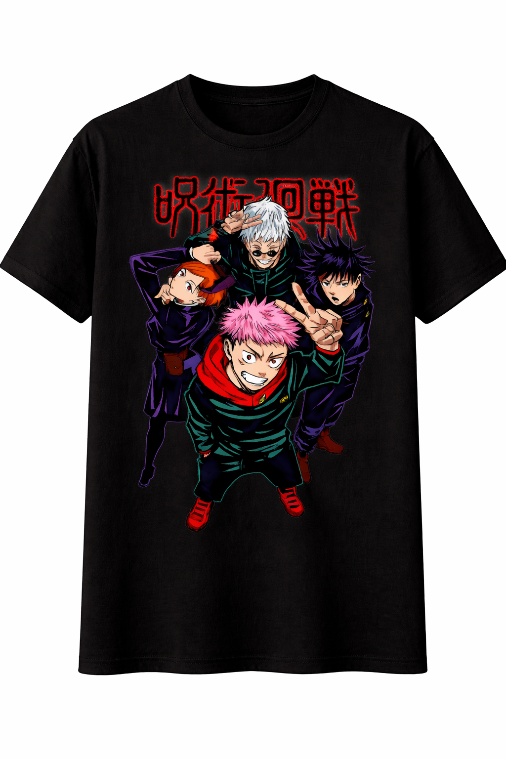 Black t-shirt with anime character graphic and red text on a white background
