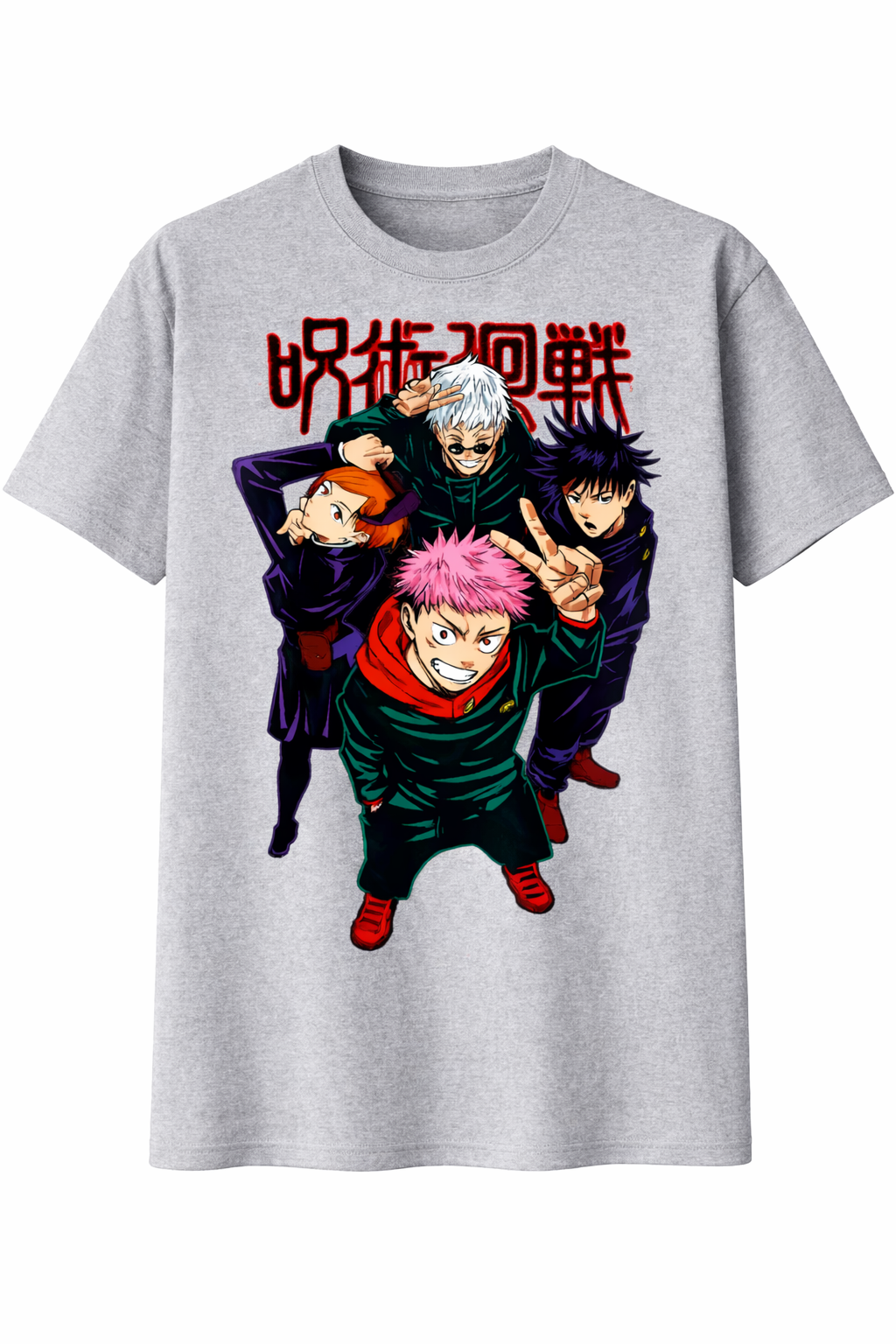 Gray t-shirt with anime character graphic and red text on a white background