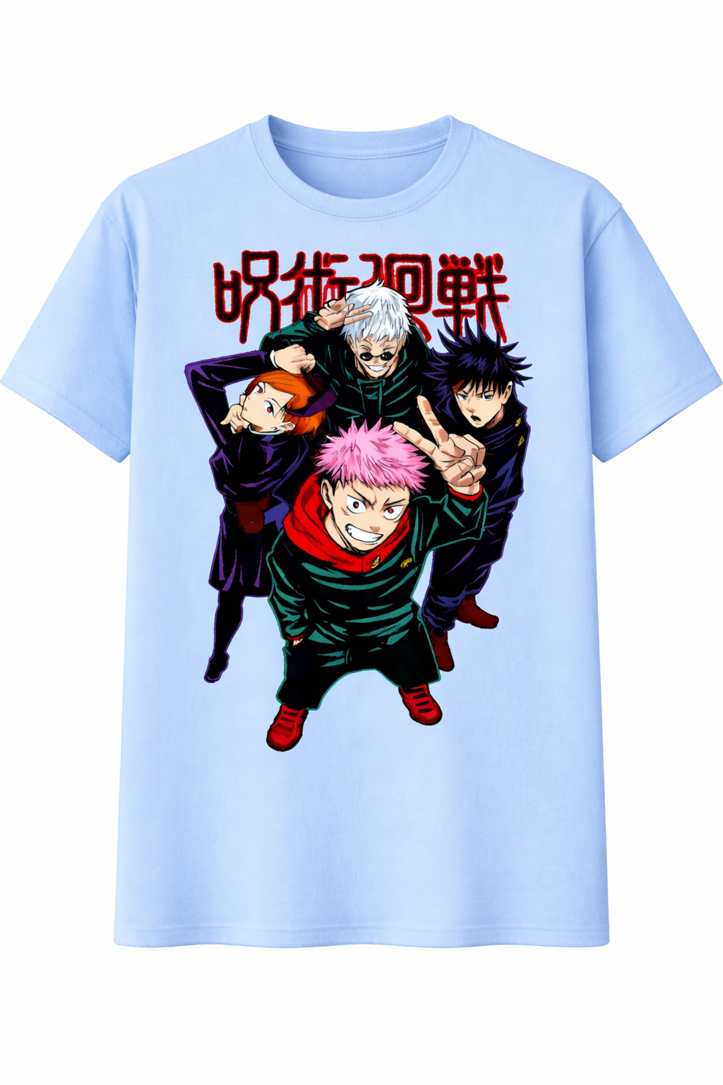 Light blue t-shirt with anime character graphic and red text on a white background