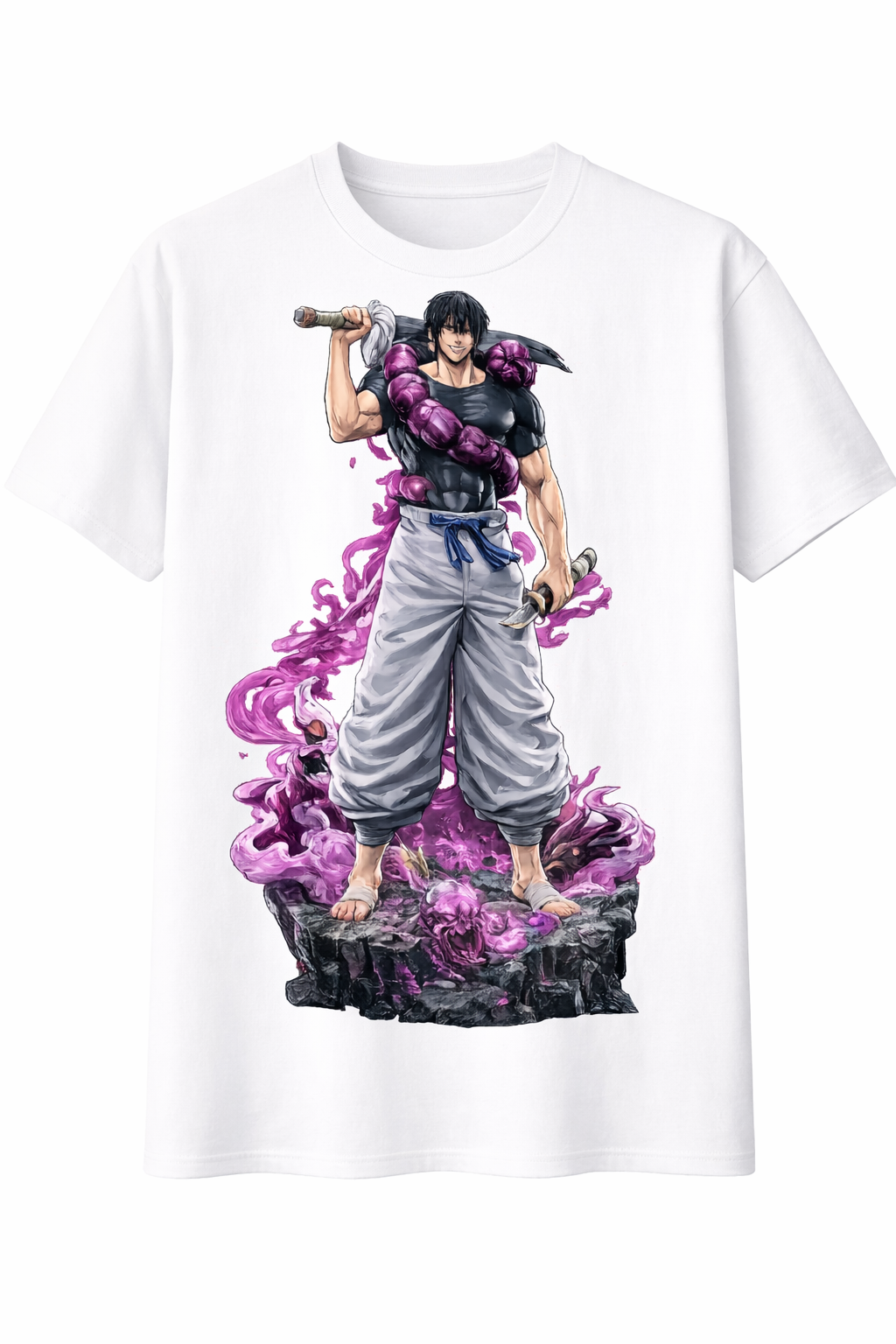 White t-shirt with a graphic of a character holding a sword on a white background