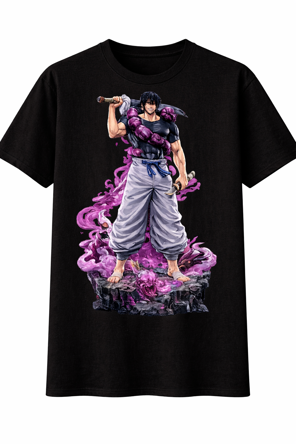Black t-shirt with a character design featuring purple energy effects on a white background