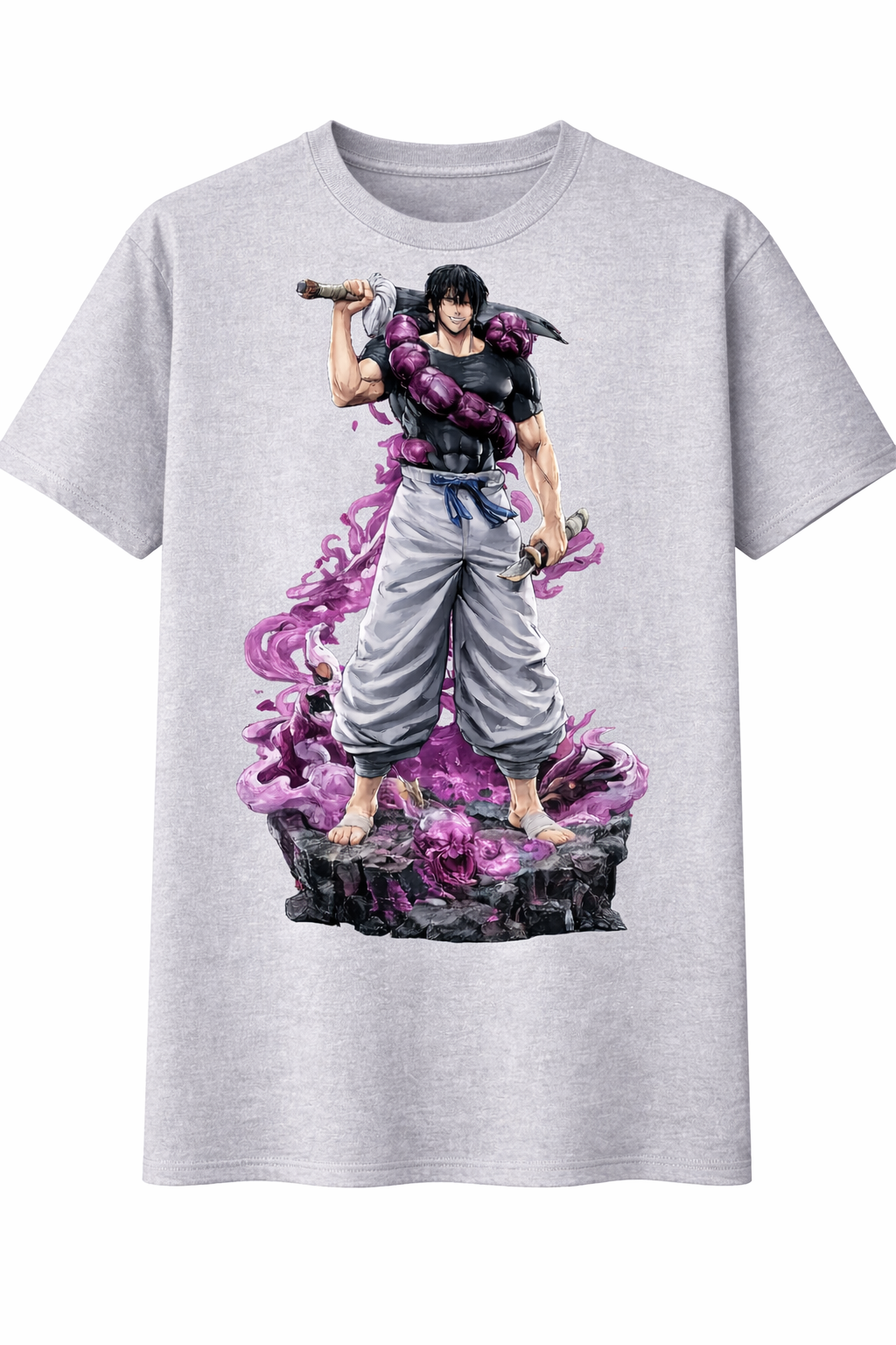 Gray t-shirt with a character design featuring a purple energy effect on a white background