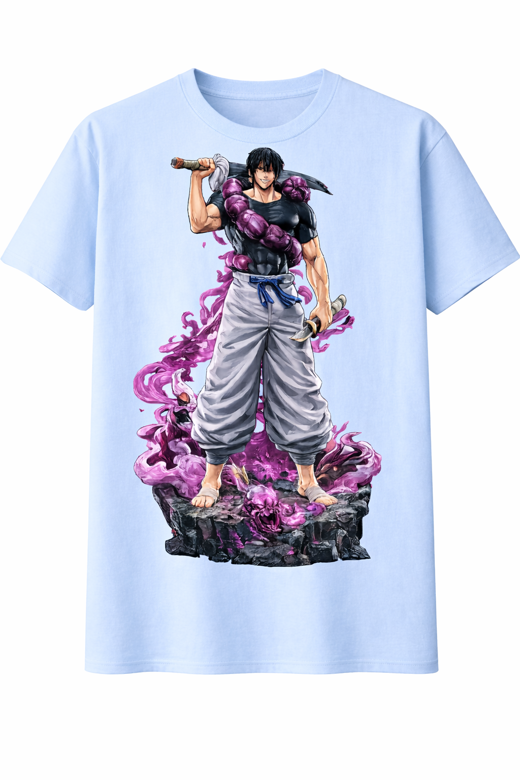 Light blue t-shirt with a character graphic on a white background