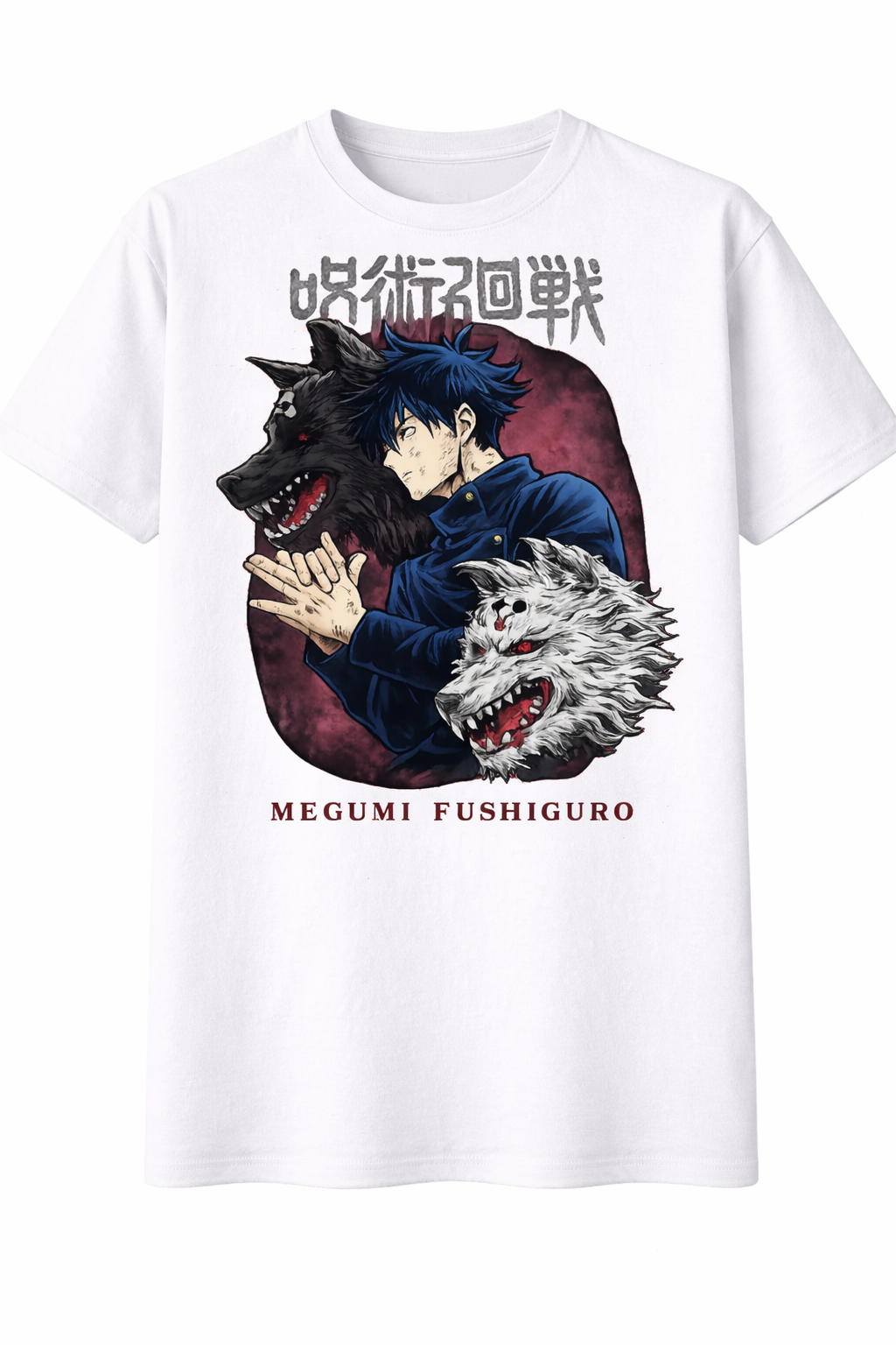 White t-shirt with graphic design of a character holding a wolf and text on a white background