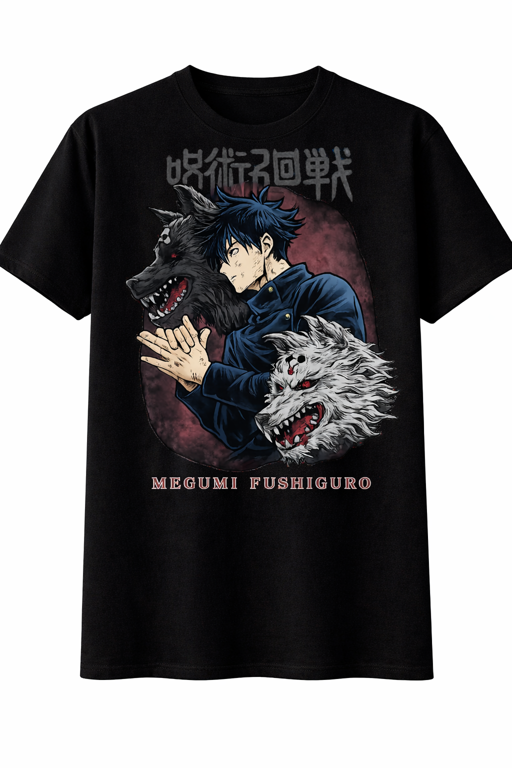 Black t-shirt with a graphic of a character holding two wolves and text on a white background