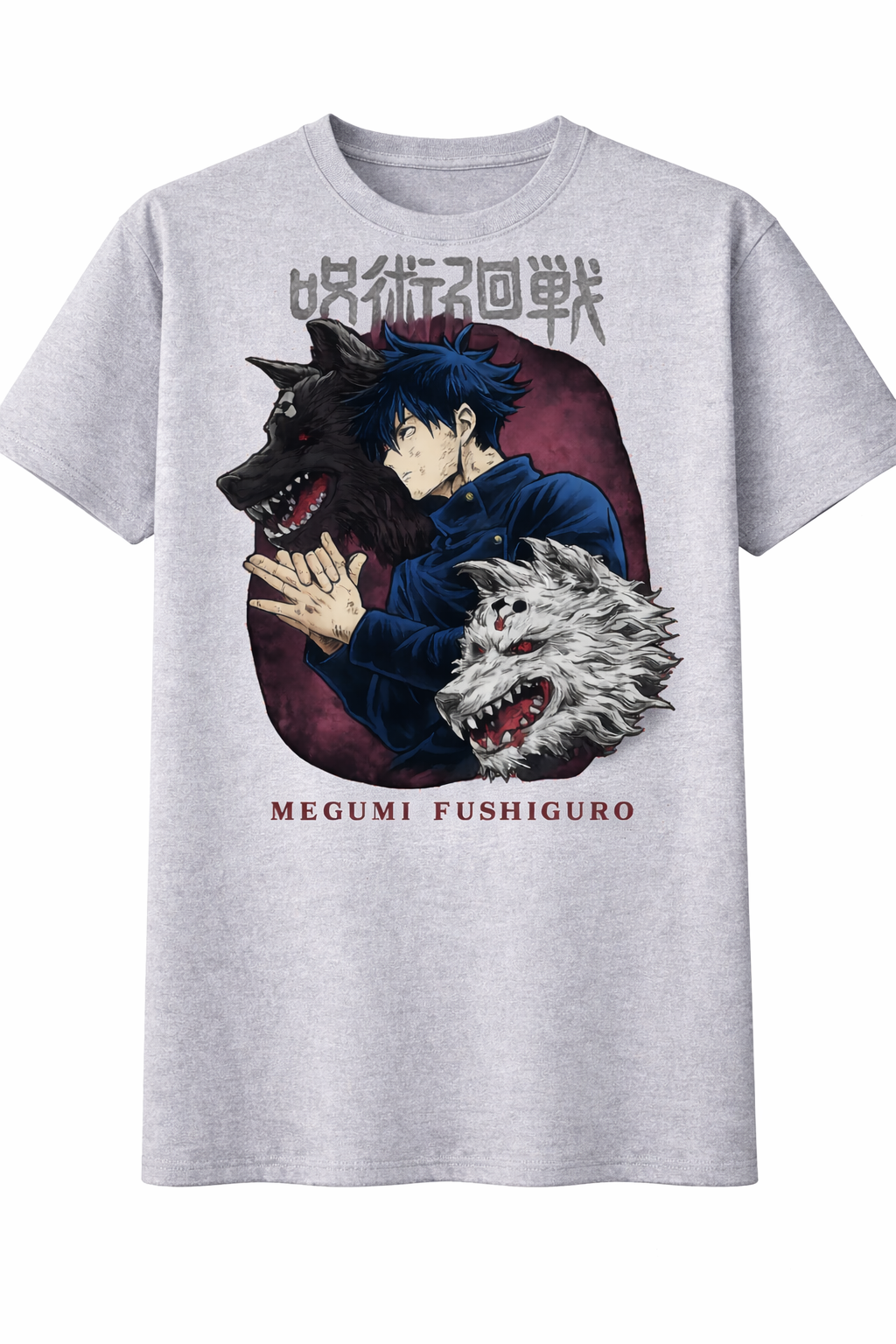 Gray t-shirt with anime character and wolf design on a white background