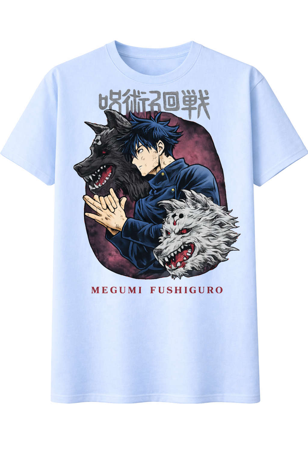 Light blue t-shirt with anime graphic featuring a character hugging a wolf, with text 'MEGUMI FUSHIGURO' on a white background.