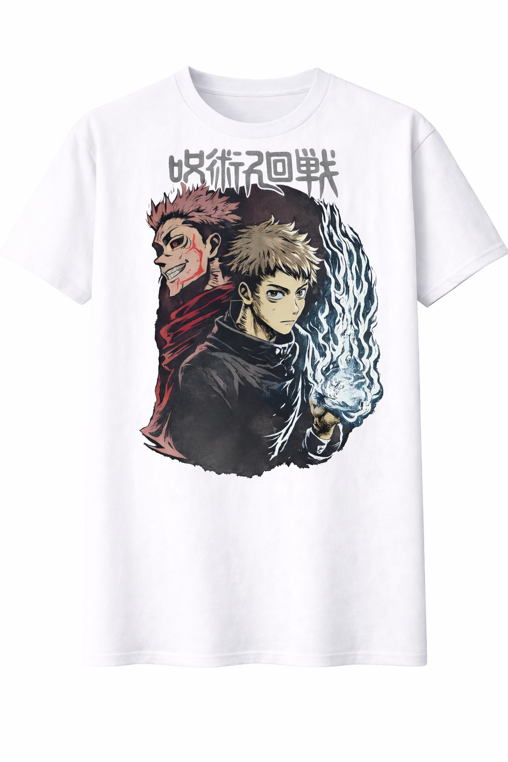 White t-shirt with anime character graphic and text on a white background