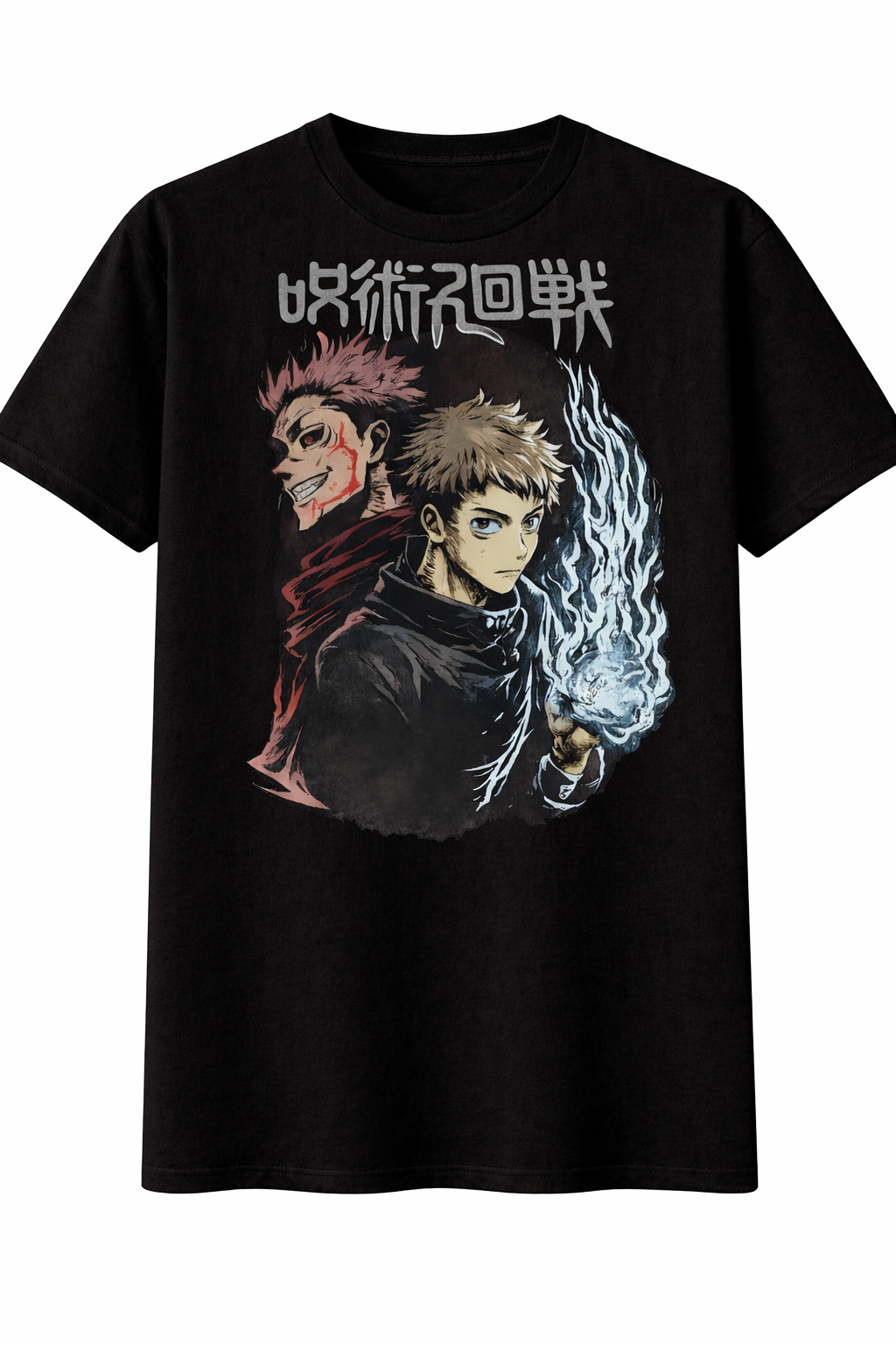 Black t-shirt with anime character graphic and text on a white background