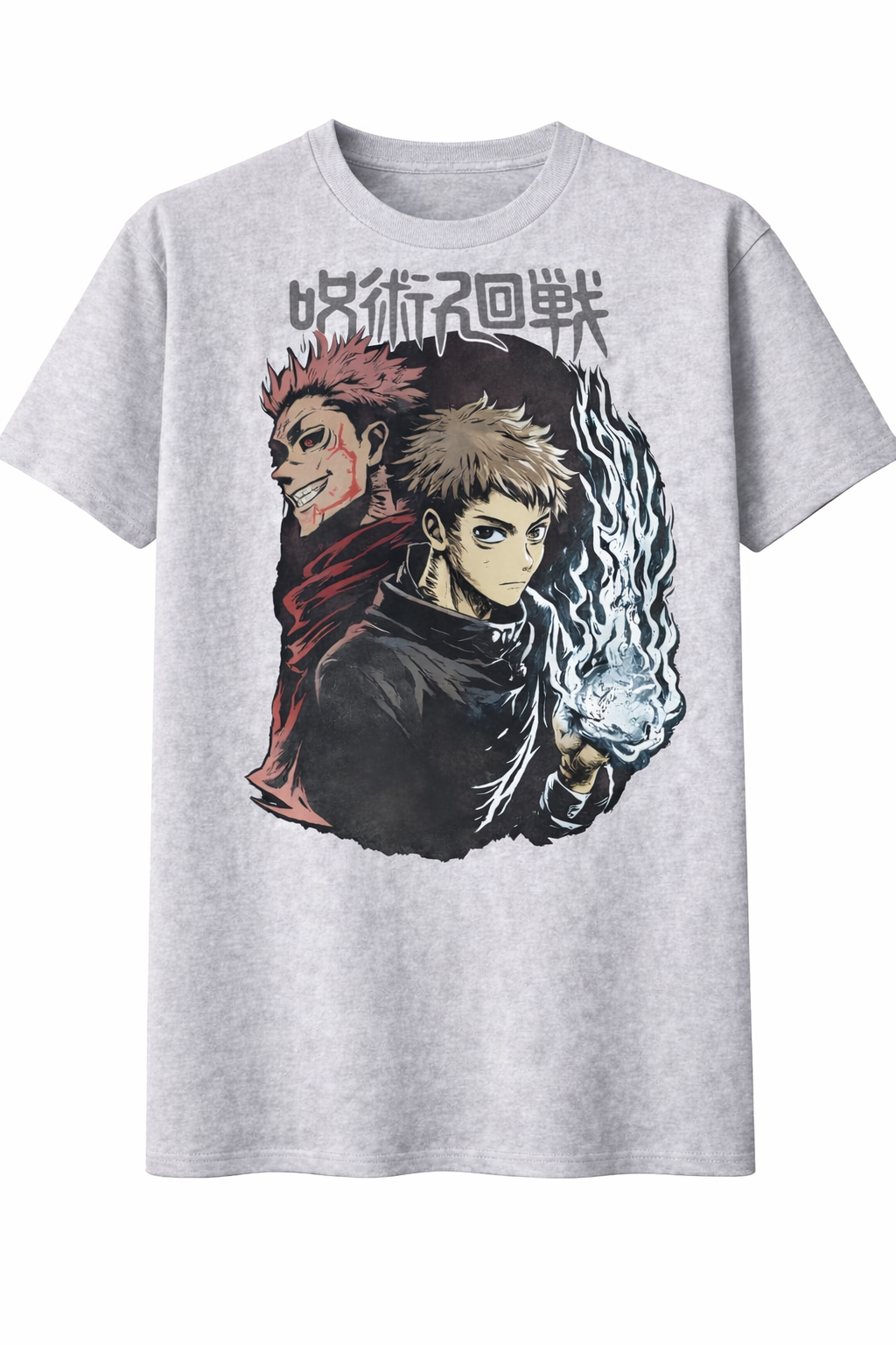 Gray t-shirt with anime character graphic and text on a white background