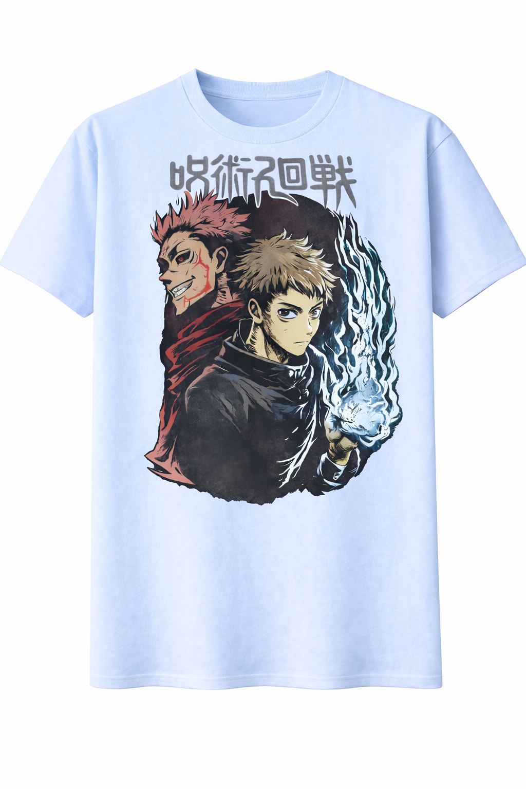 Light blue t-shirt with anime character graphic and text on a white background