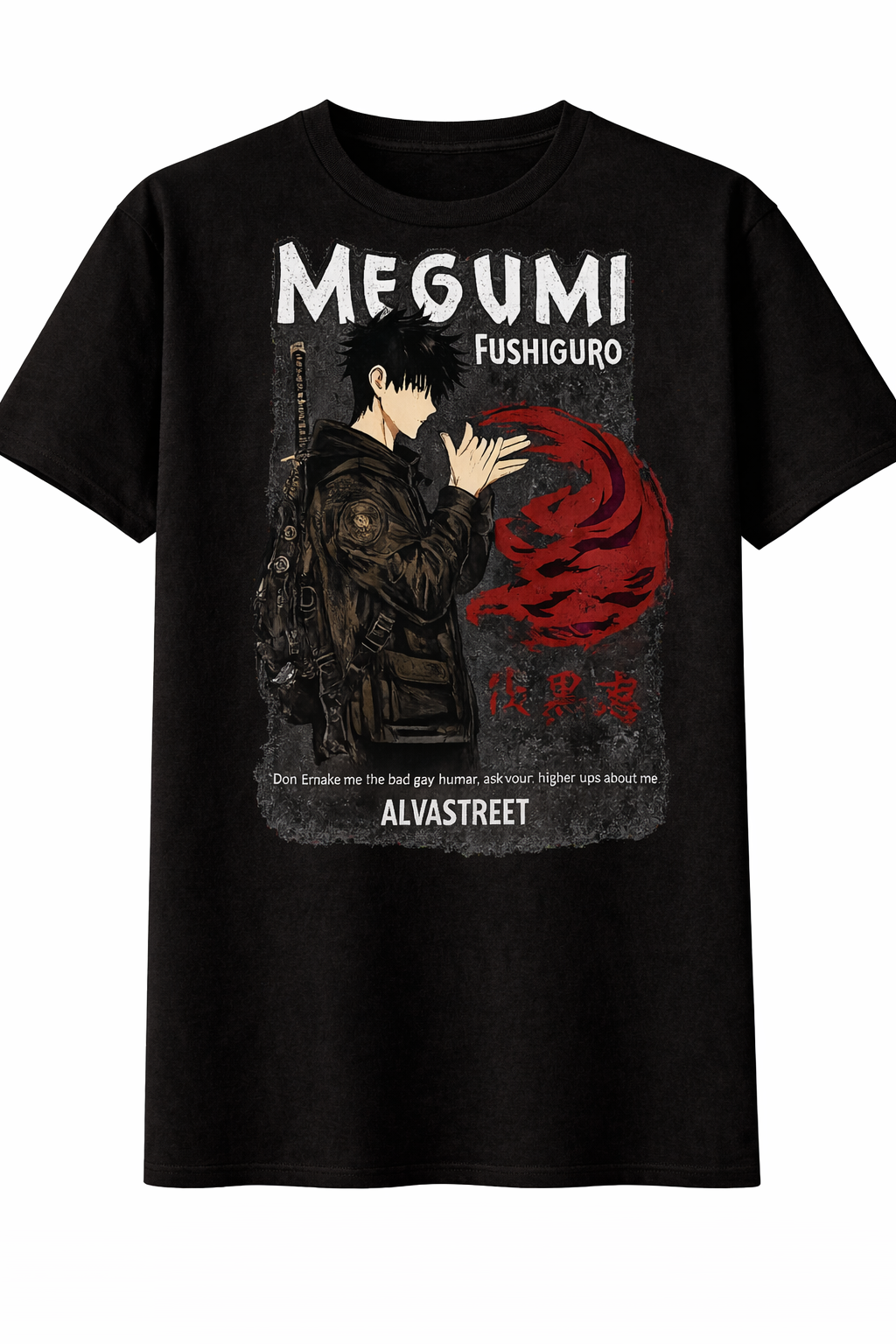 Black t-shirt with graphic design of a character and red symbol, featuring the name 'Megumi Fushiguro' and 'Alvastreet'.