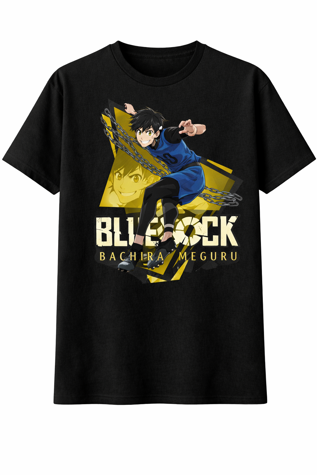 Black t-shirt with 'Blue Lock' graphic design featuring a character in a dynamic pose.