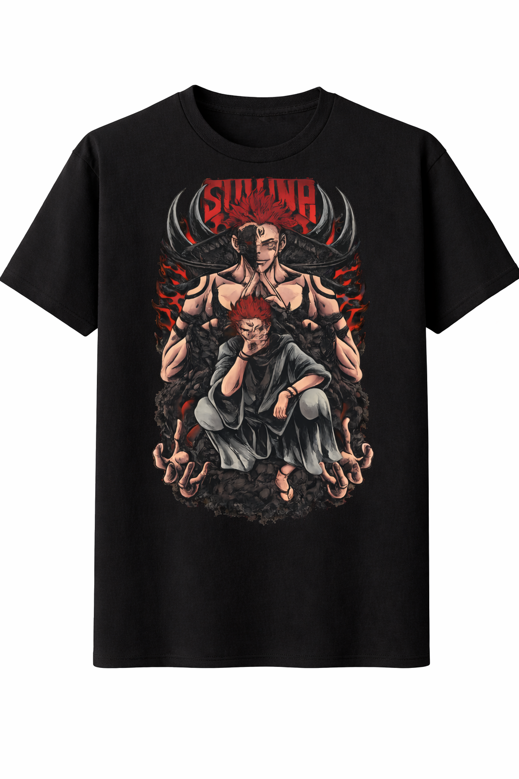 Black t-shirt with graphic design featuring a person and text on a white background