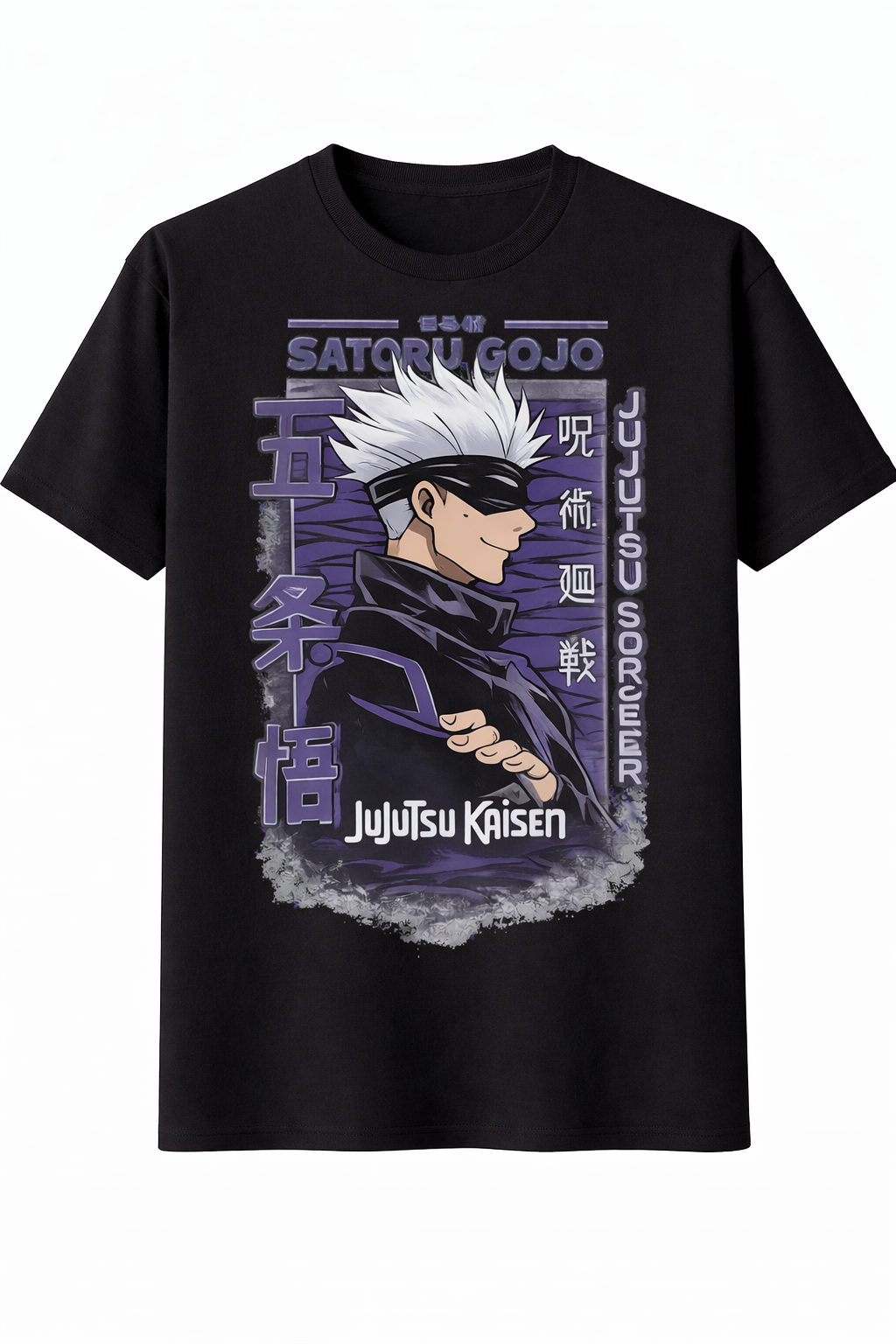 Black t-shirt with anime character and 'Jujutsu Kaisen' text on a white background