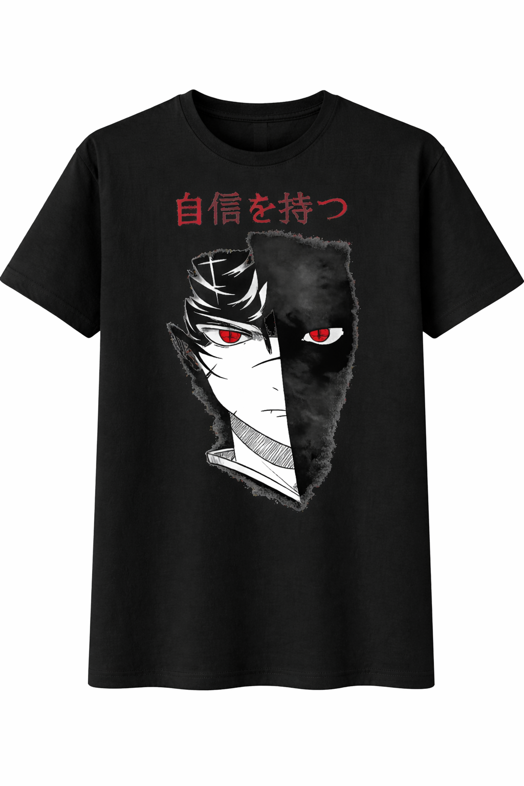 Black t-shirt with graphic design and text on a white background