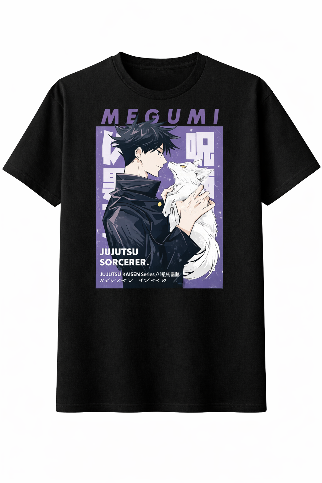 Black t-shirt with anime character graphic and text on a white background