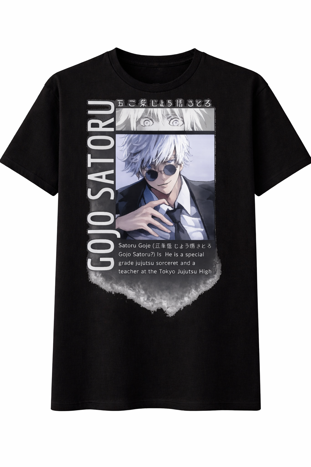 Black t-shirt with an anime character graphic and text on a white background