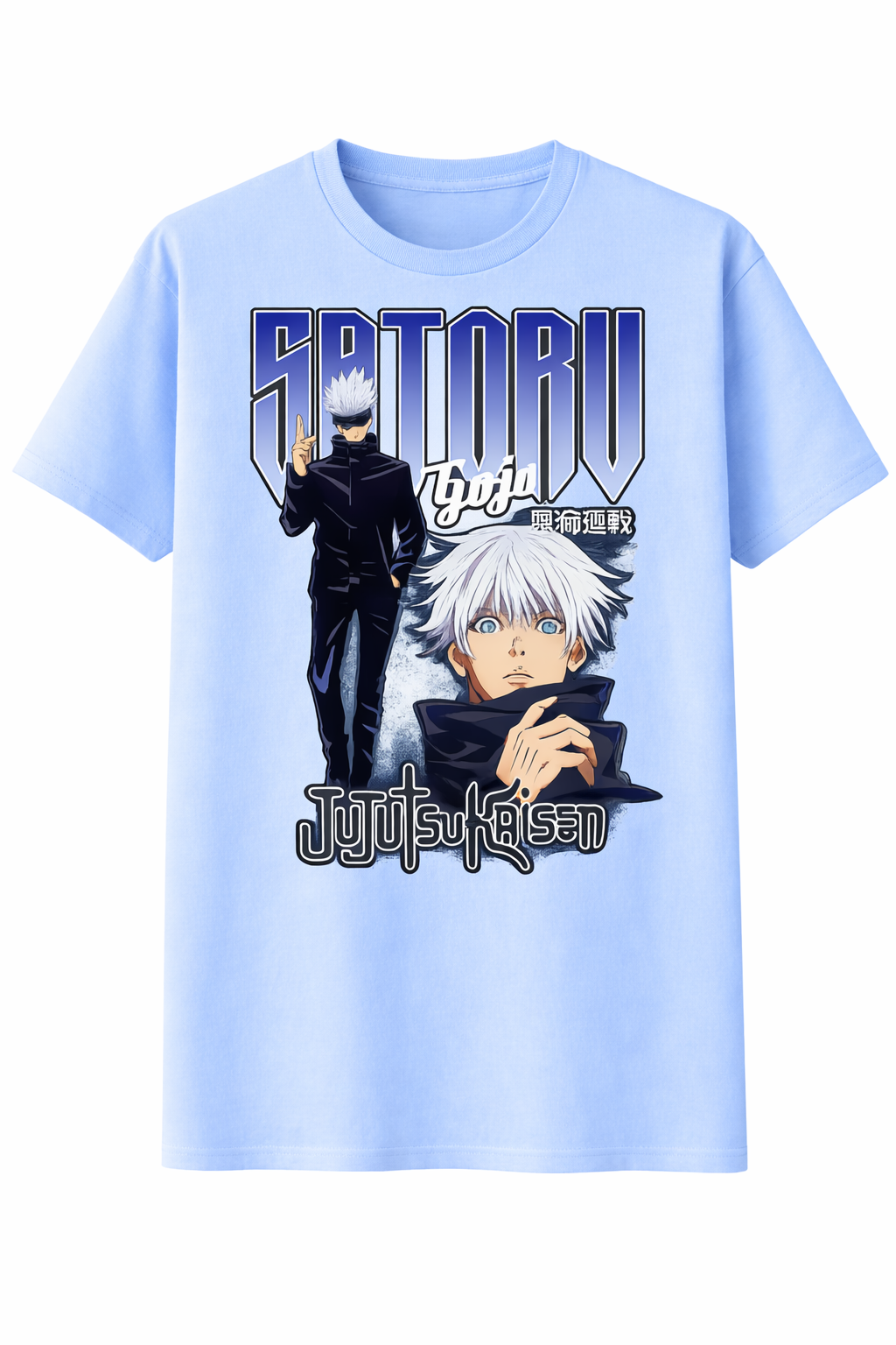 Light blue t-shirt with anime character design and text on a white background