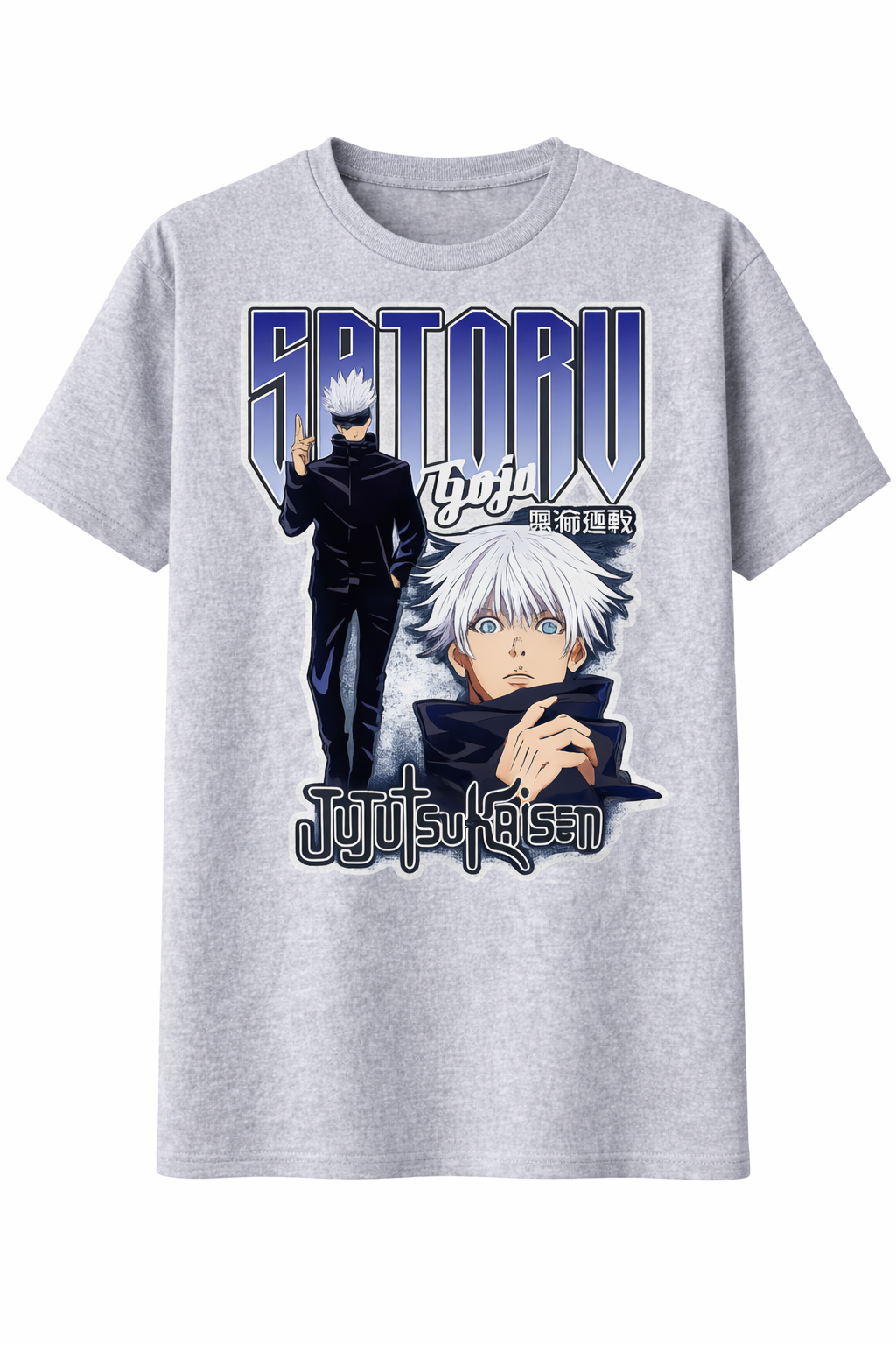 Gray t-shirt with anime character graphic and 'Jujutsu Kaisen' branding on a white background
